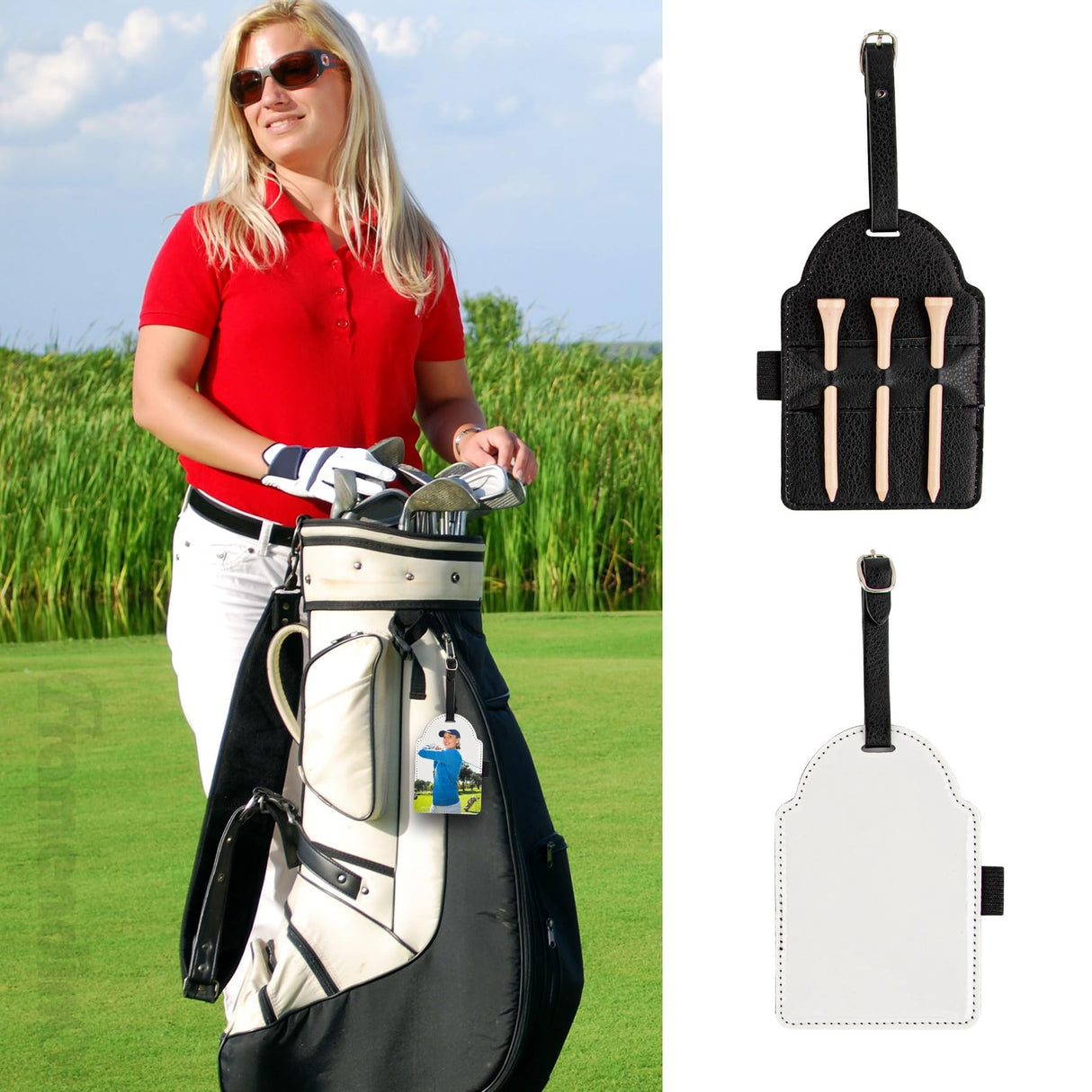 Framendino, 4 Pack Sublimation Blank Golf Tee Holders with Golf Tees Pu Leather Golf Ball Storage Bag for DIY Heat Transfer Framendino