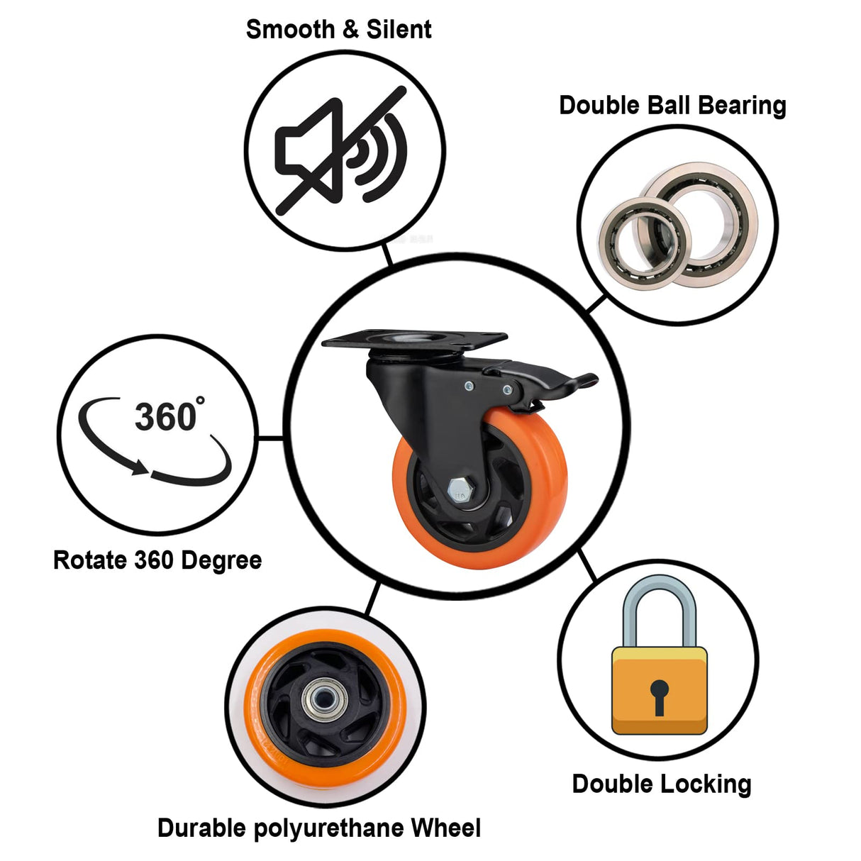 Casters, 4" Caster Wheels,Casters Set of 8 Heavy Duty - ASRINIEY Orange Polyurethane Castors, Top Plate Swivel Wheels, 8-Pack Industrial Casters with Brake, Locking Casters for Furniture and Workbench ASRINIEY