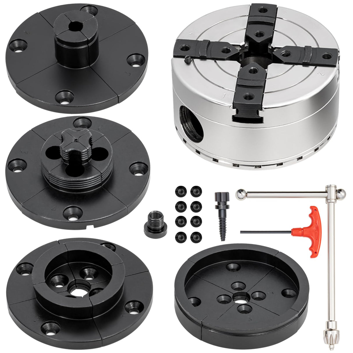 CXRCY 4Inch Lathe Chuck Set for Woodworking, 4-Jaw Self-Centering Wood Lathe Chuck Set with1"x8TPI Thread & 1"x8TPI Adapter & Case (4PCS Jaws) CXRCY