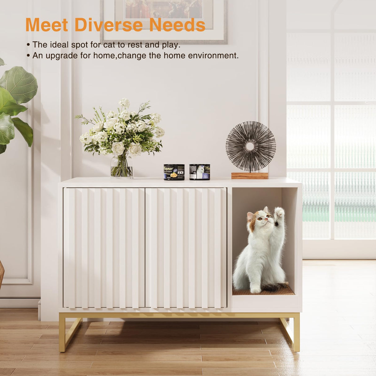 Halitaa Litter Box Enclosure, Modern Cat Litter Box Furniture Hidden Litter Box with Scratch Pad, Cat Washroom House End Table, Entryway Bench for Livingroom (White) Halitaa