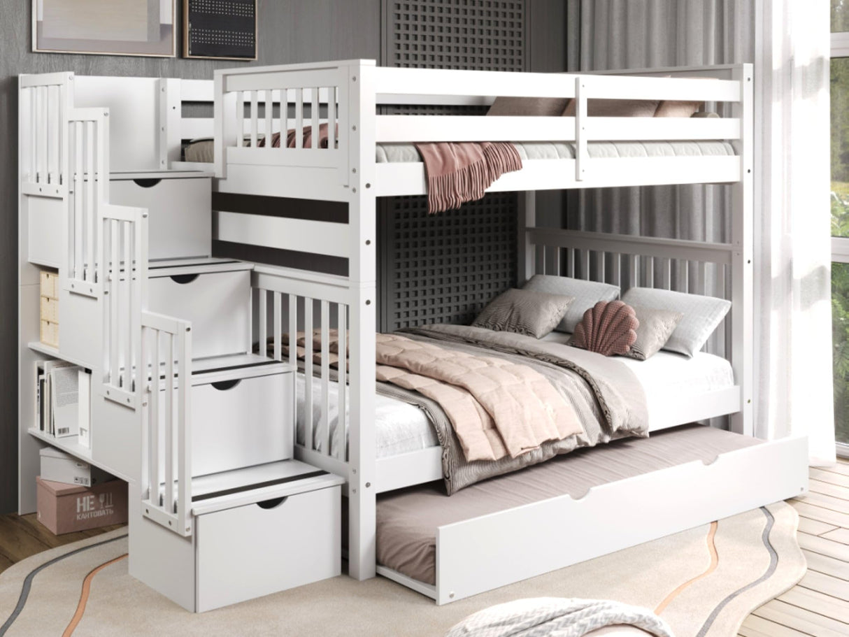 Bedz King Stairway Bunk Beds Full over Full with 4 Drawers in the Steps and a Twin Trundle, White Bedz King
