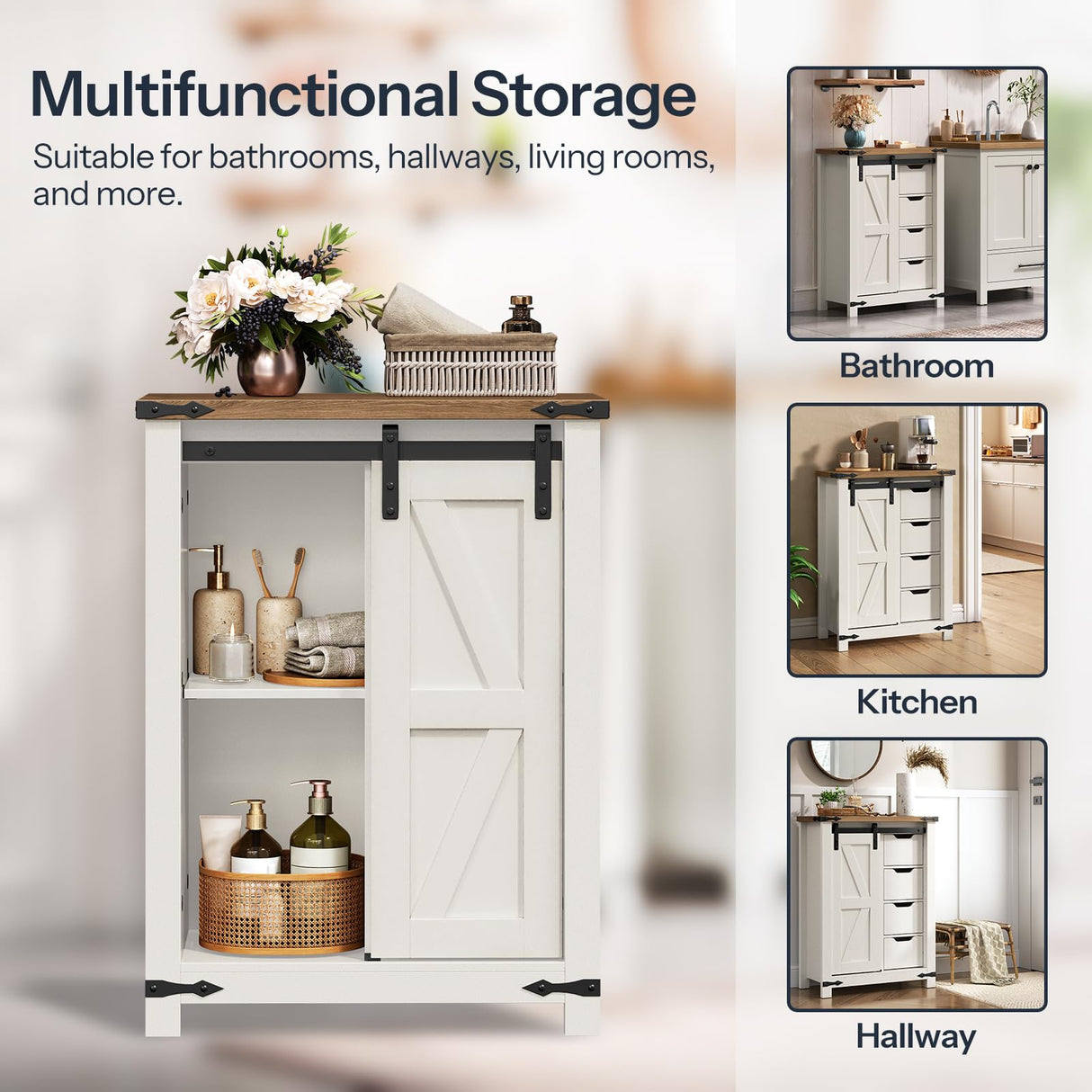 HOOBRO Bathroom Storage Cabinet, Farmhouse Kitchen Pantry Cabinet with Sliding Barn Door, Adjustable Shelf and 4 Drawers, Large Capacity, 11.8" D x 23.6" W x 31.9" H, Easy Assembly, White and Walnut HOOBRO