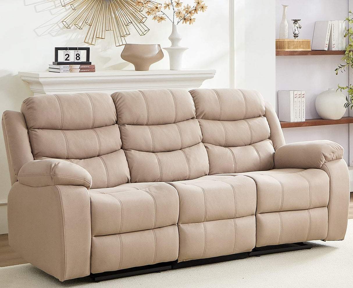 BALUS Faux Leather Reclining Sofa - 3 Seater Manual Recliner with Built-in Storage & Cup Holders, 3 Recliner Couch with Console for Living Room/Office/Home Theater, Beige BALUS