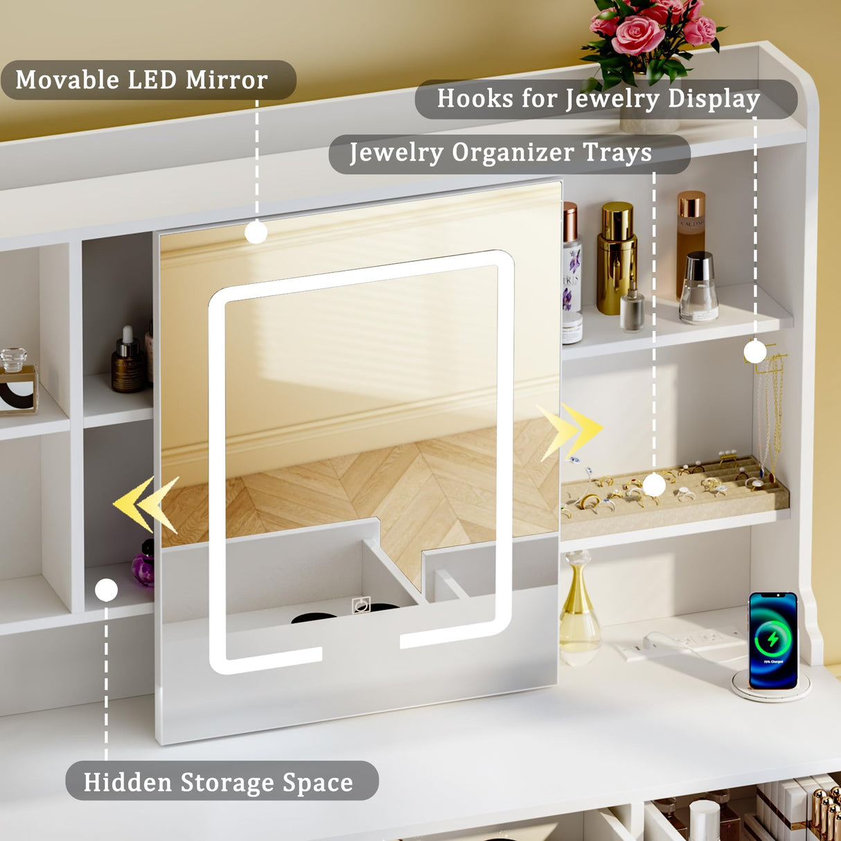 HUAHUU Vanity Desk with Mirror and Lights, Vanity Desk with Sliding LED Mirror, Makeup Vanity with Adjustable 3 Lights Modes, White Vanity with 5 Drawers & 2 Storage Cabinet, for Bedroom HUAHUU