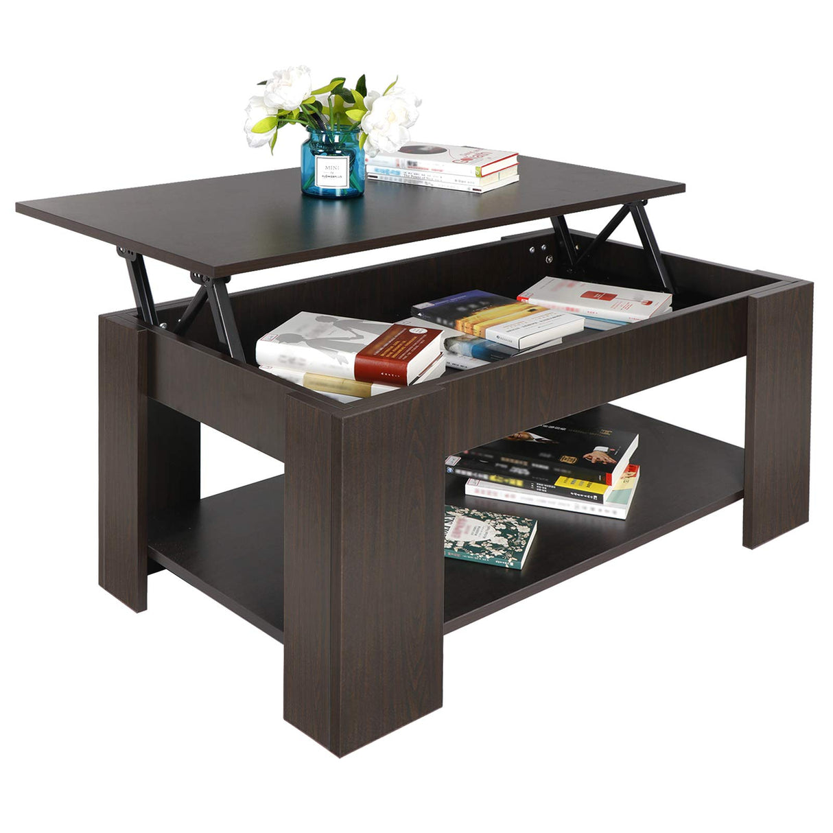SUPER DEAL Modern Lift Top Coffee Table w/Hidden Compartment and Storage Shelves Pop-Up Storage Cocktail Table for Living Room Reception Room SUPER DEAL