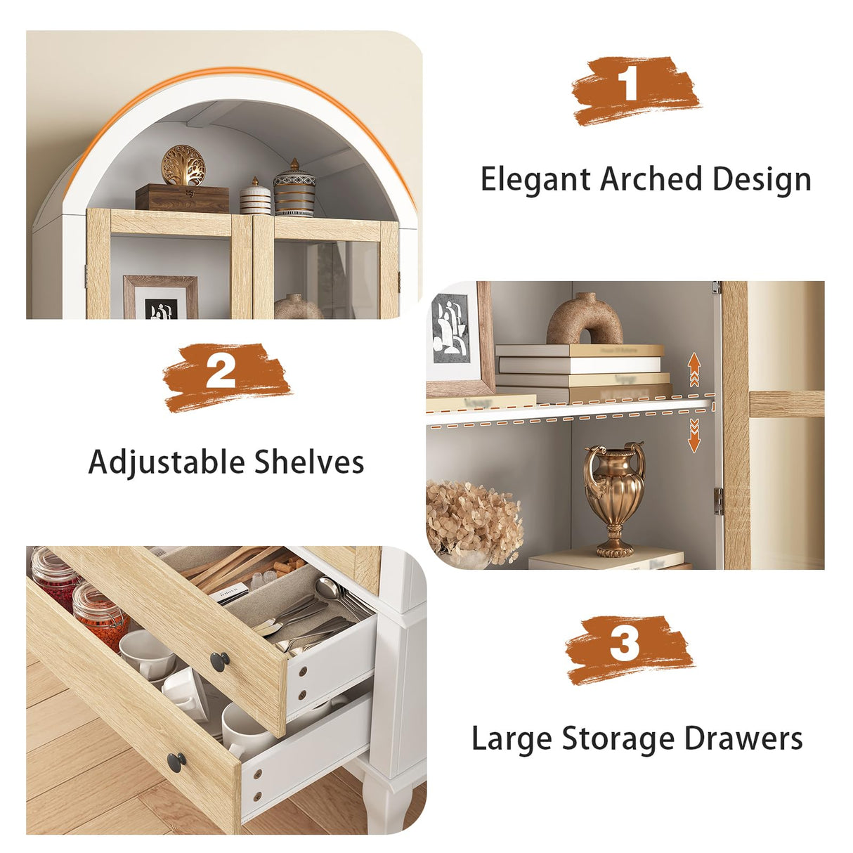 71" Tall Arched Kitchen Pantry, Modern Farmhouse Wood Kitchens Storage Cabinets with 2 Large Drawers and Adjustable Shelves, Arched Display Cabinet with Glass Doors for Dining Room, Bathroom LIVAUVEAD