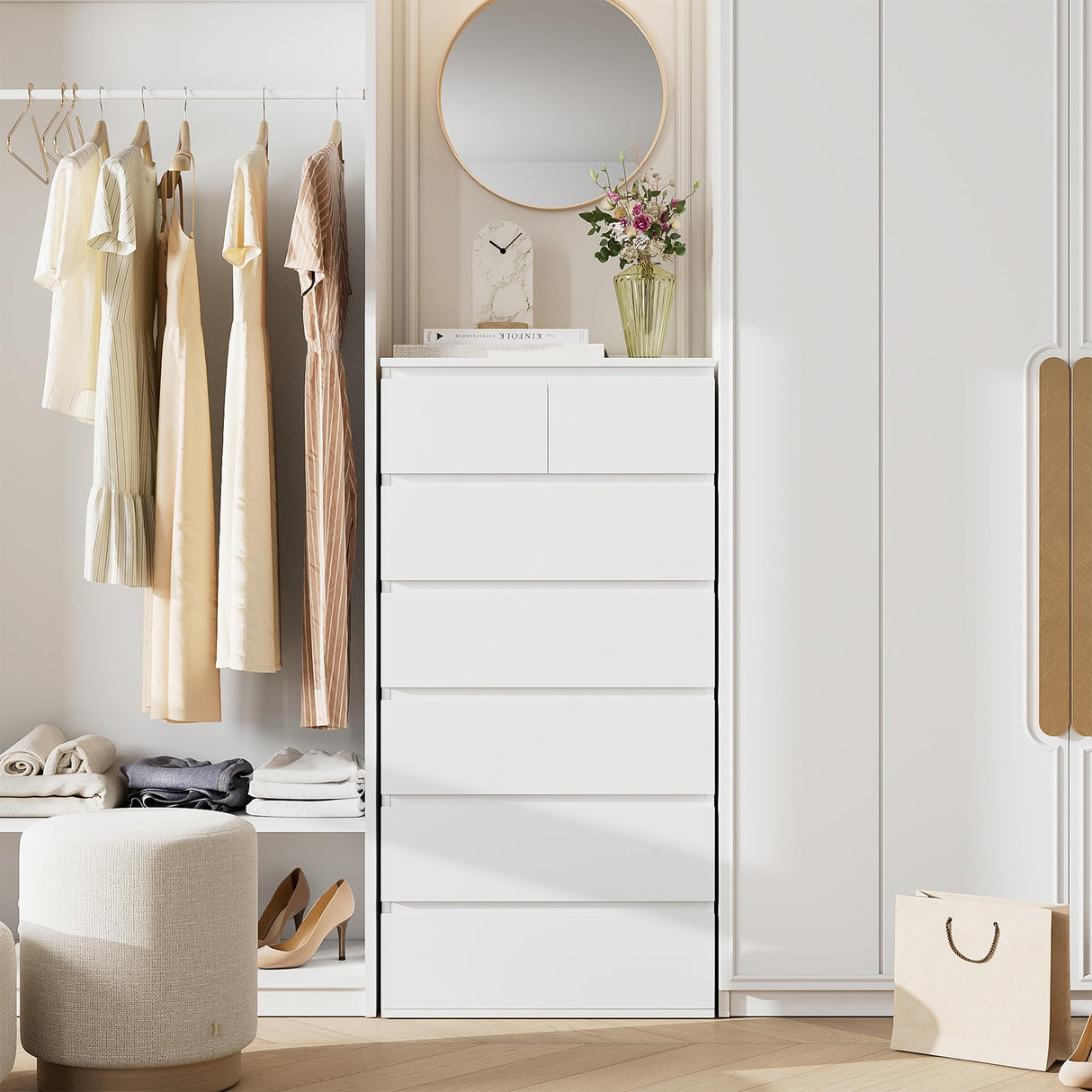 FOTOSOK 7 Drawer Dresser, White Dresser Tall Dresser, 23.6W x 15.7D x 46.7H in White Chest of Drawers with Large Storage Space for Home FOTOSOK