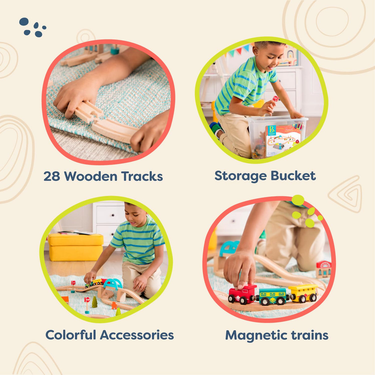 B. toys- Wood & Wheels Train Set- 47pc Wooden Train Set- Train Tracks & Accessories – Storage Bucket with Mountain Lid – Classic Toys for Toddlers, Kids – 3 Years + B. toys