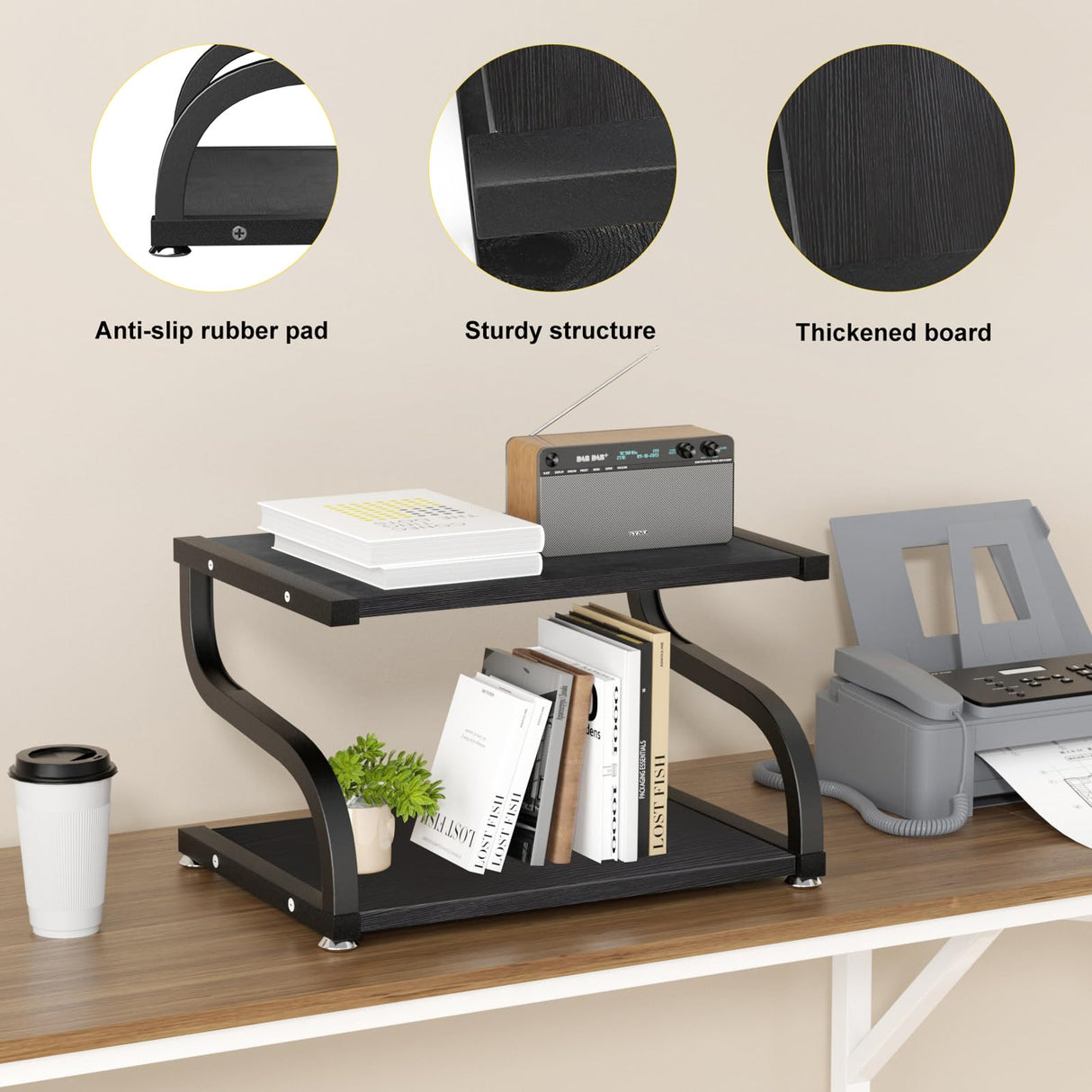 URLINE Printer Stand with Storage 2 Tier Desktop Shelf Printer Table Organizer Anti-Slip Heavy Duty Modern Wooden Shelf for Office Home,Black URLINE