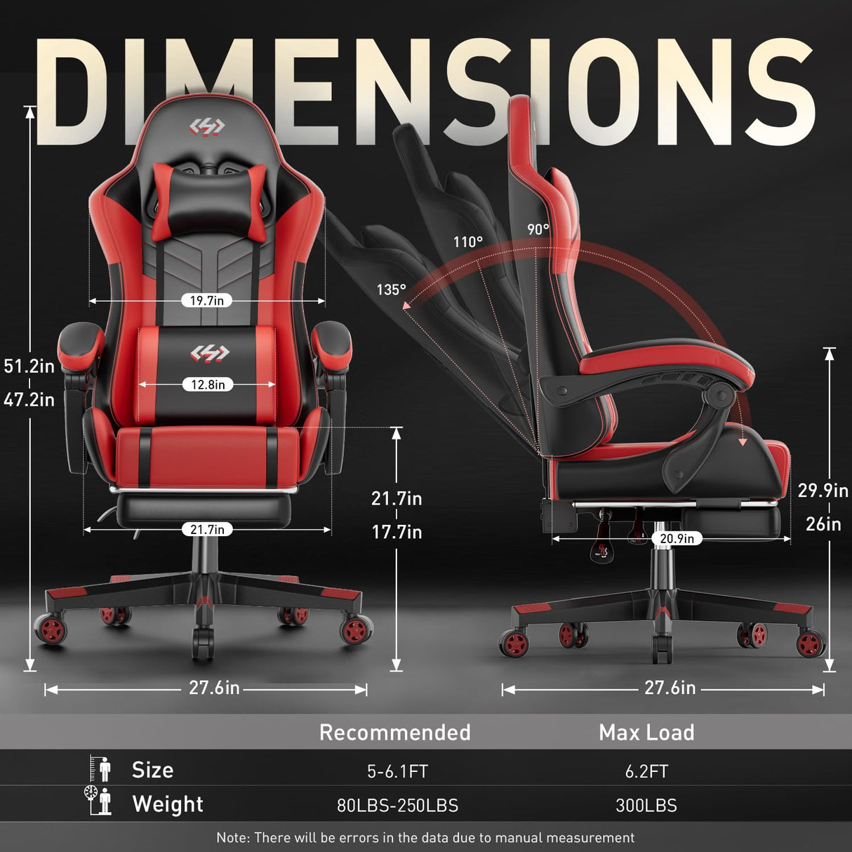 HLDIRECT Gaming Chair with Pocket Spring Cushion, Video Game Chair, Gaming Computer Chair, Ergonomic Chairs with Massage Lumbar Support for Adults, Swivel PU Leather Office Chair, Black & Red HLDIRECT