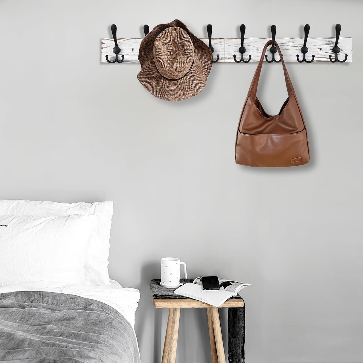 Kuhome 32.2'' Large Coat Rack Wall Mount Coat Hooks with 8 Metal Black Triple-Hooks Old White Pine Real Wood Plank Hat Rack for Wall Hooks Kuhome