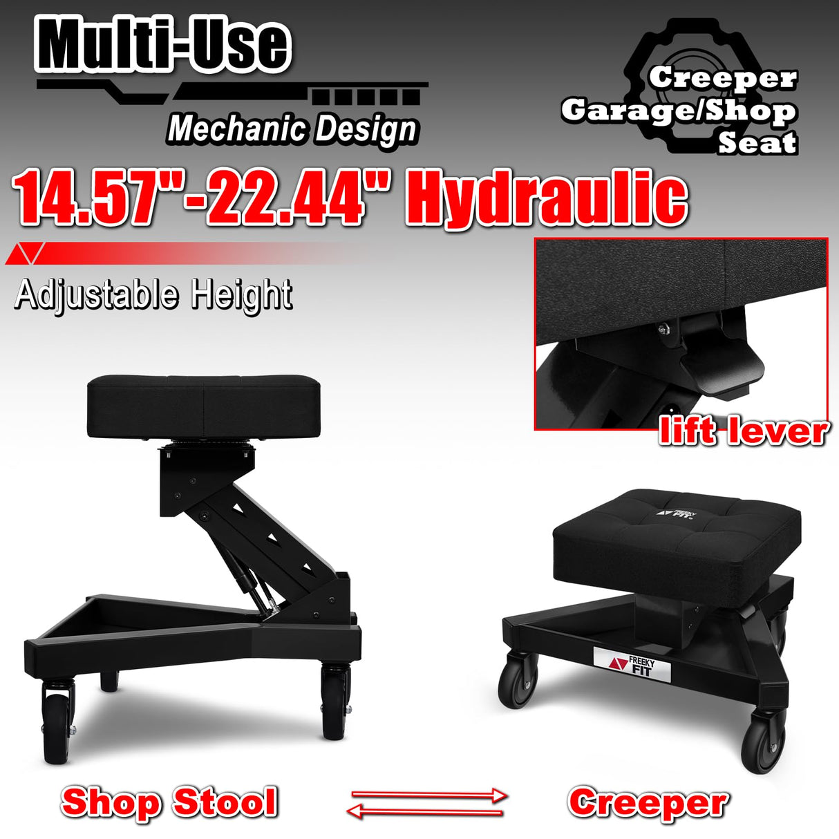 FreekyFit Mechanic Stool with Wheels, Hydraulic Adjustable Shop Stool on Wheels, Garage Work Rolling Stool Chair for Workshop, 400 LBS Capacity, 4 Inch Casters, 360° Swivel Padded Seat, Black FreekyFit