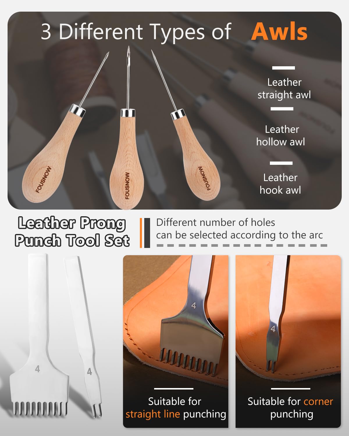FOUSNOW Leather Working Kit Leather Working Tools, Ergonomically Leathertooling Kit Crafting Supplies with Swivel Knife for Stamping Cutting Punching Stitching Scraping Sewing Polishing Crafts FOUSNOW