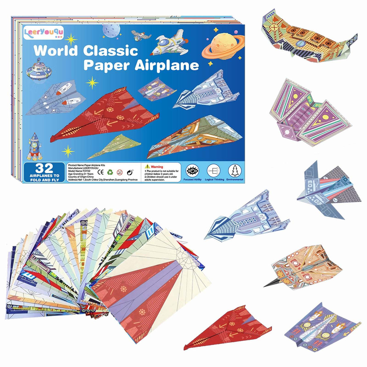 LEERYOUQU Kids Paper Airplane Kit, Creative Paper Airplane Book with 16 Classic Designs & 32 Planes Sheets, Origami Airplanes Kit for Kids Ages 8-12 +(New English Instructions) LEERYOUQU