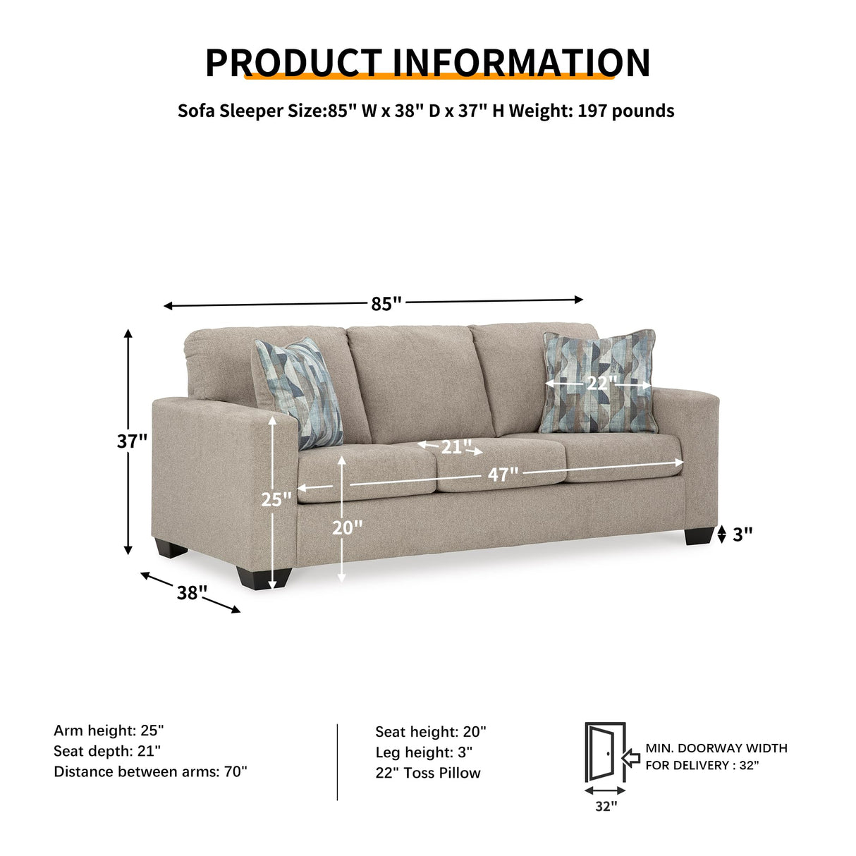 Signature Design by Ashley Deltona Contemporary 2-in-1 Sofa Sleeper with Folding Gel Memory Foam Mattress and 2 Accent Pillows, Queen, Beige Signature Design by Ashley