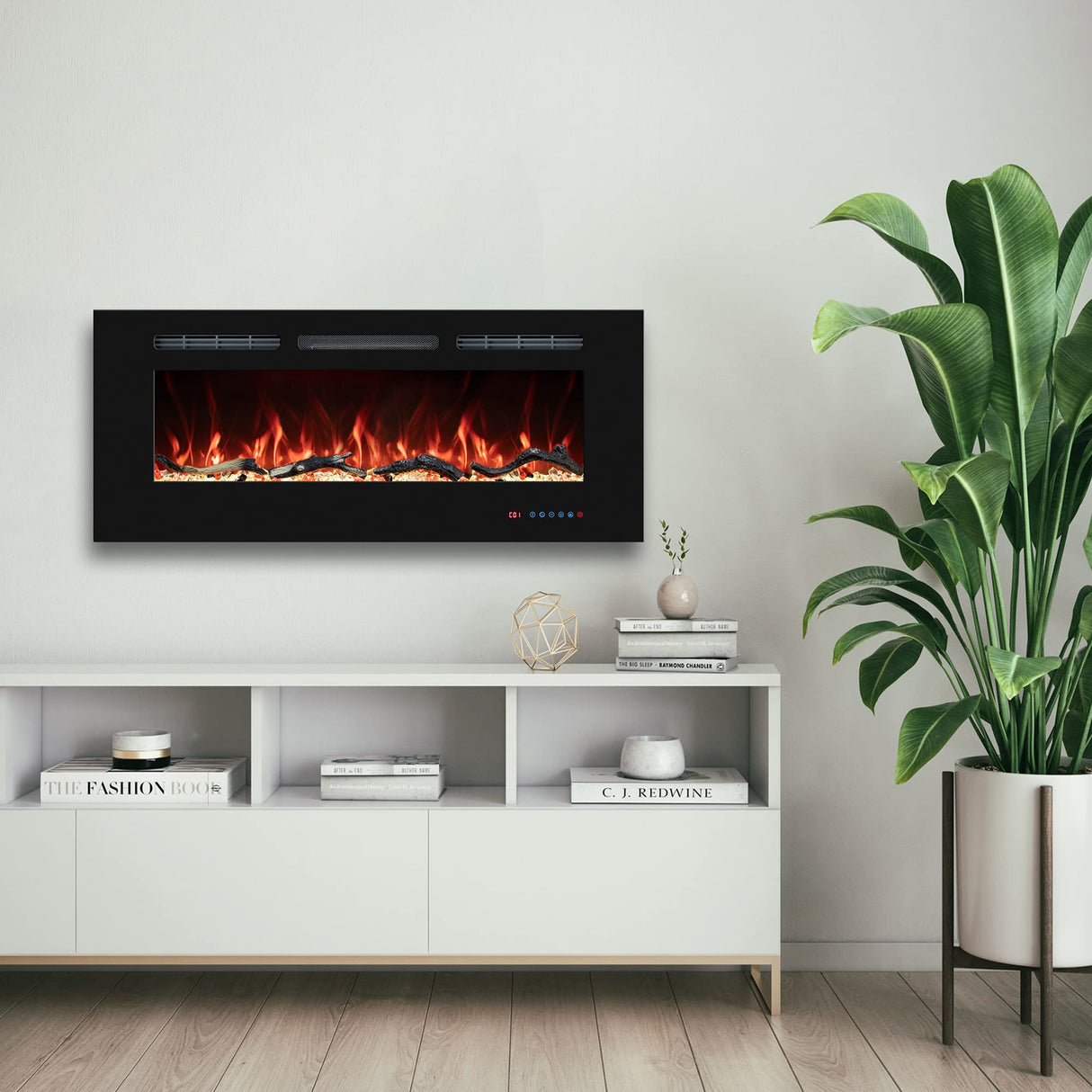 VINEMOUNT 48'' Electric Fireplaces Inserts, Recessed & Wall-Mounted Fireplace Heater with Thermostat, Multicolor Flames,Timer, Log & Crystal, 750/1500W, Black VINEMOUNT