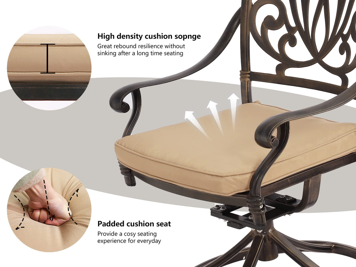 Grepatio 5 Piece Outdoor Dining Set Cast Aluminum Patio Dining Set Table and Chairs Outside Furniture 4 Swivel Chairs with Cushion and 1 Umbrella Hole Round Dining Table for Lawn Garden Patio (Khaki) Grepatio