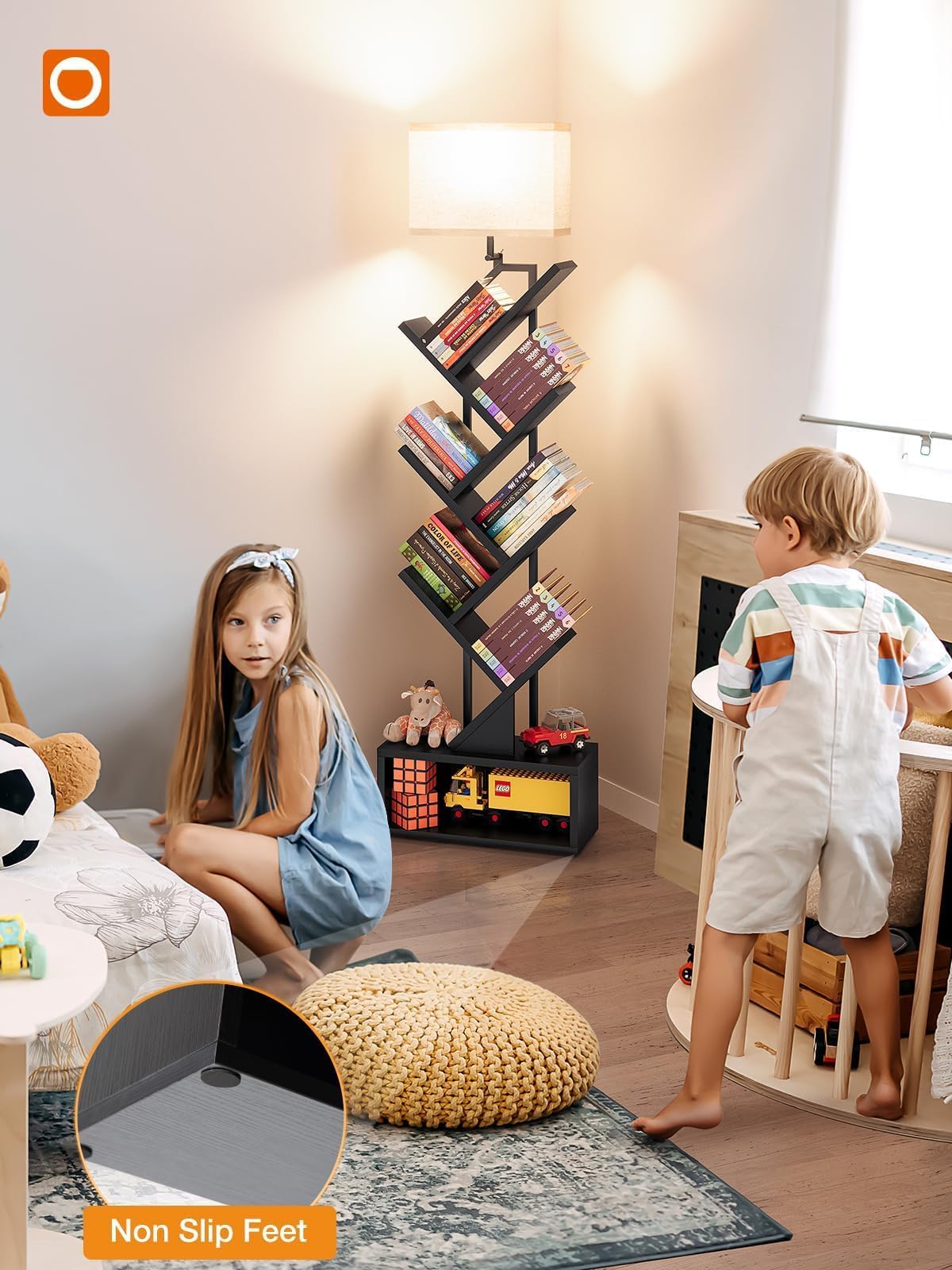 addlon 6-Tier Tree Book Shelf with LED Light, Steel&Wood Bookshelf with Storage Cabinet, Narrow Tall Bookcase with 3CCT Bulb, Small Bookshelf for Bedroom, Home Office&Living Room-Black Oak addlon