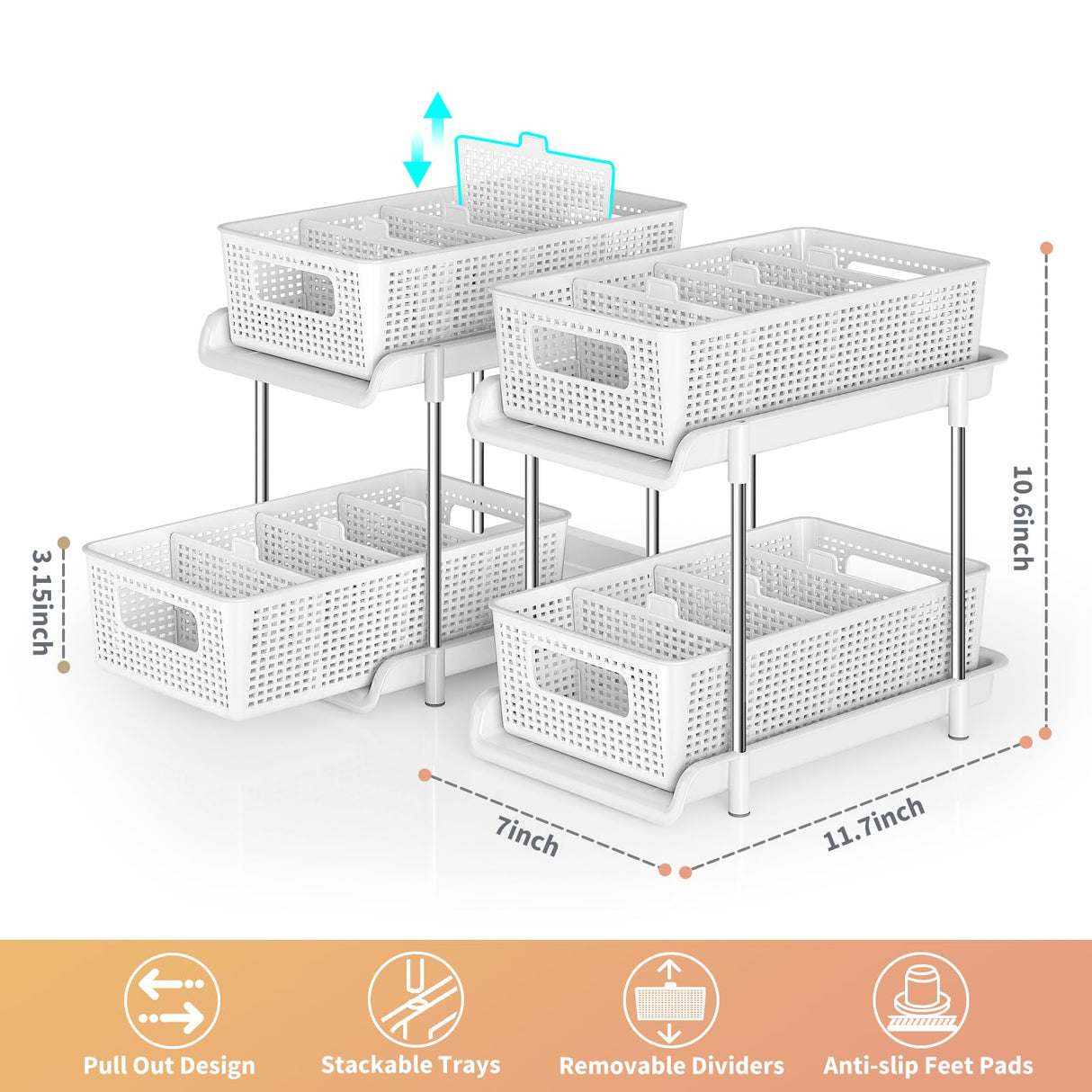 RIKOJUXI Bathroom Organizer with Dividers, 2Pcs 2 Tier Stackable Under Sink Organizers and Storage Cabinet Organizers for Bathroom Kitchen Pantry Organization and Storage, Medicine Cabinet Organizer RIKOJUXI