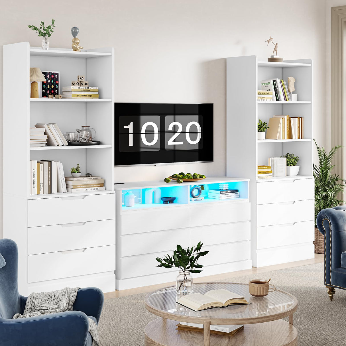 DICTAC 73.23'' Tall Storage Cabinet Bookcase with 3 Drawers and 3-Tier Open Shelves Wooden Bookshelf Kitchen Pantry Storage Organizer Cabinets for Living Room, Study, Kitchen,Bathroom,White DICTAC
