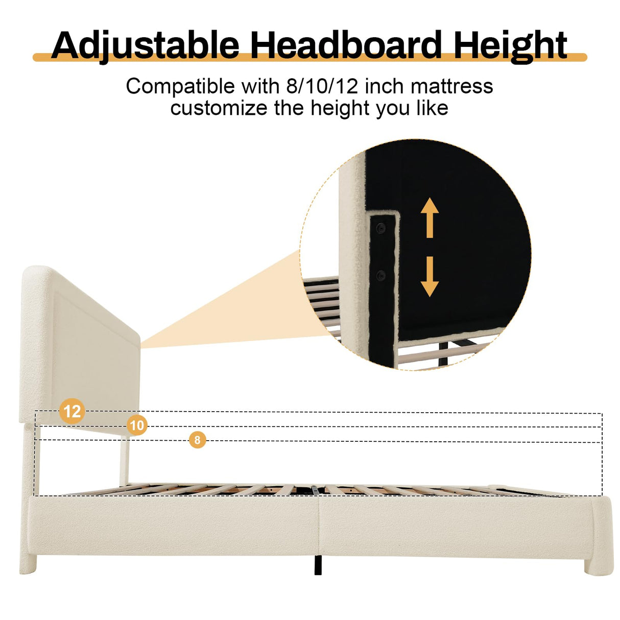King Size Boucle Bed Frame, Soft Upholstered Cloud Bed Frame with Headboard, Rounded Corners, No Box Spring Required, Adjustable Headboard, Easy Assembly WEUP