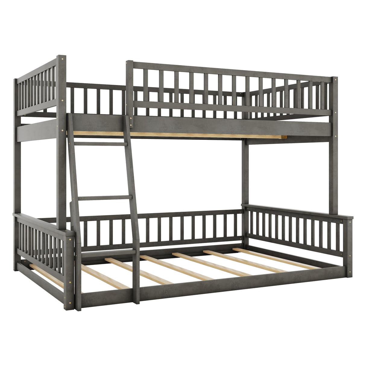Full XL Over Queen Bunk Bed for Kids/Adults,Queen Size Floor Bunk Beds with Inclined Ladder,Solid Wood Low Bunk Bed,Detachable Bunk Beds for Teens,Girls,Boys(Gray) Bellemave