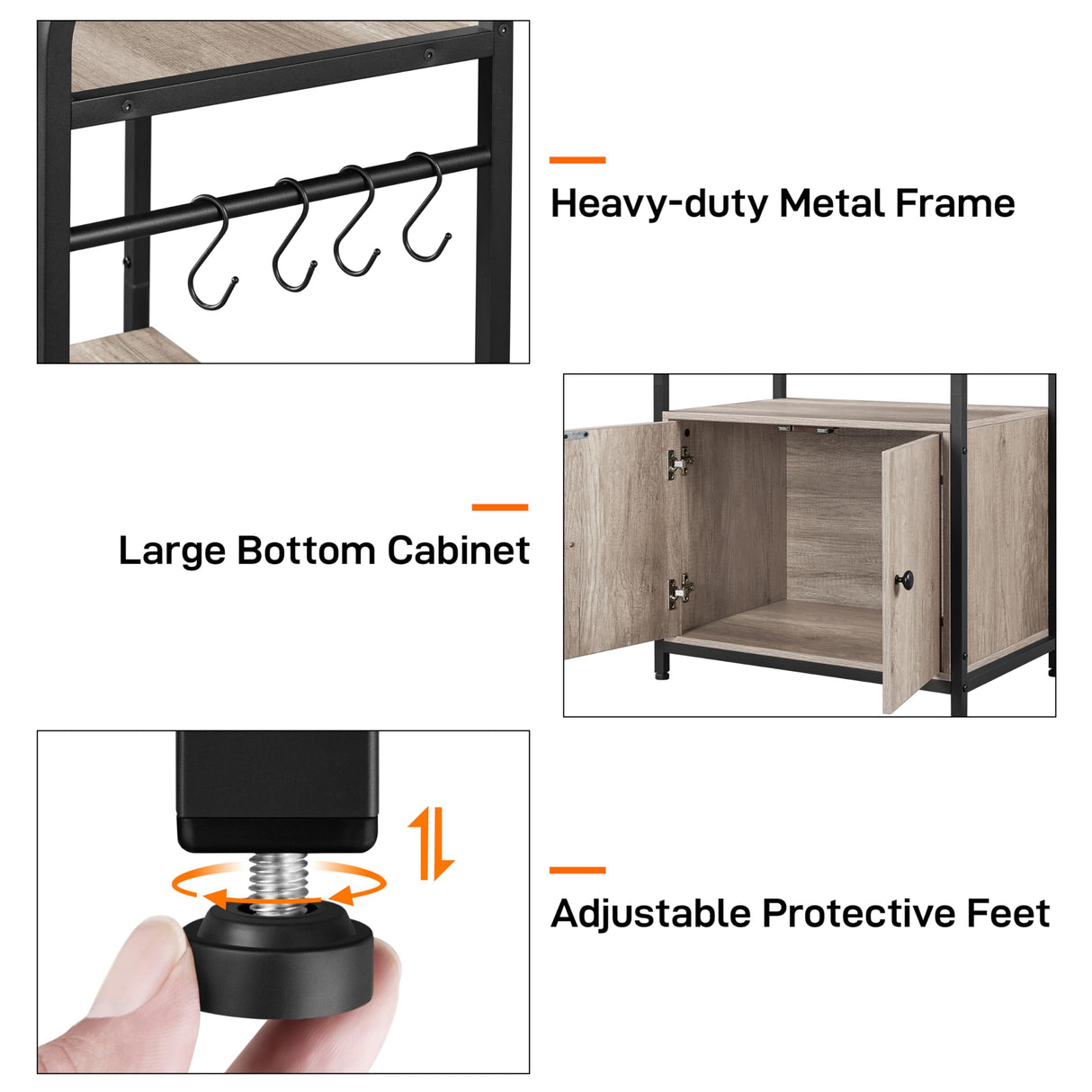 Yaheetech 4-Tier Kitchen Bakers Rack with Storage Cabinet and Hutch, Microwave Oven Stand Coffee Bar Pantry Cabinet with 8 S Hooks, Freestanding Kitchen Shelves Spice Rack, Gray Yaheetech