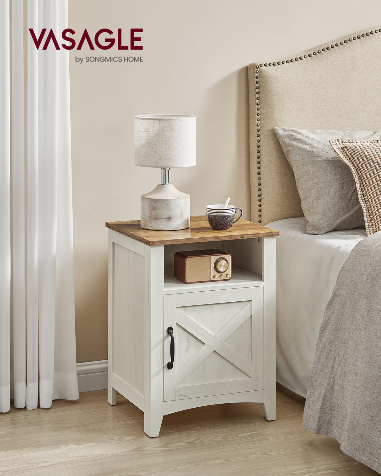 VASAGLE LIRY Collection - Farmhouse Nightstand with Barn Door, Bedside Table with Storage, Side End Table, Night Stand, Open Compartment, for Bedroom, Rustic White and Honey Brown ULET609K41 VASAGLE