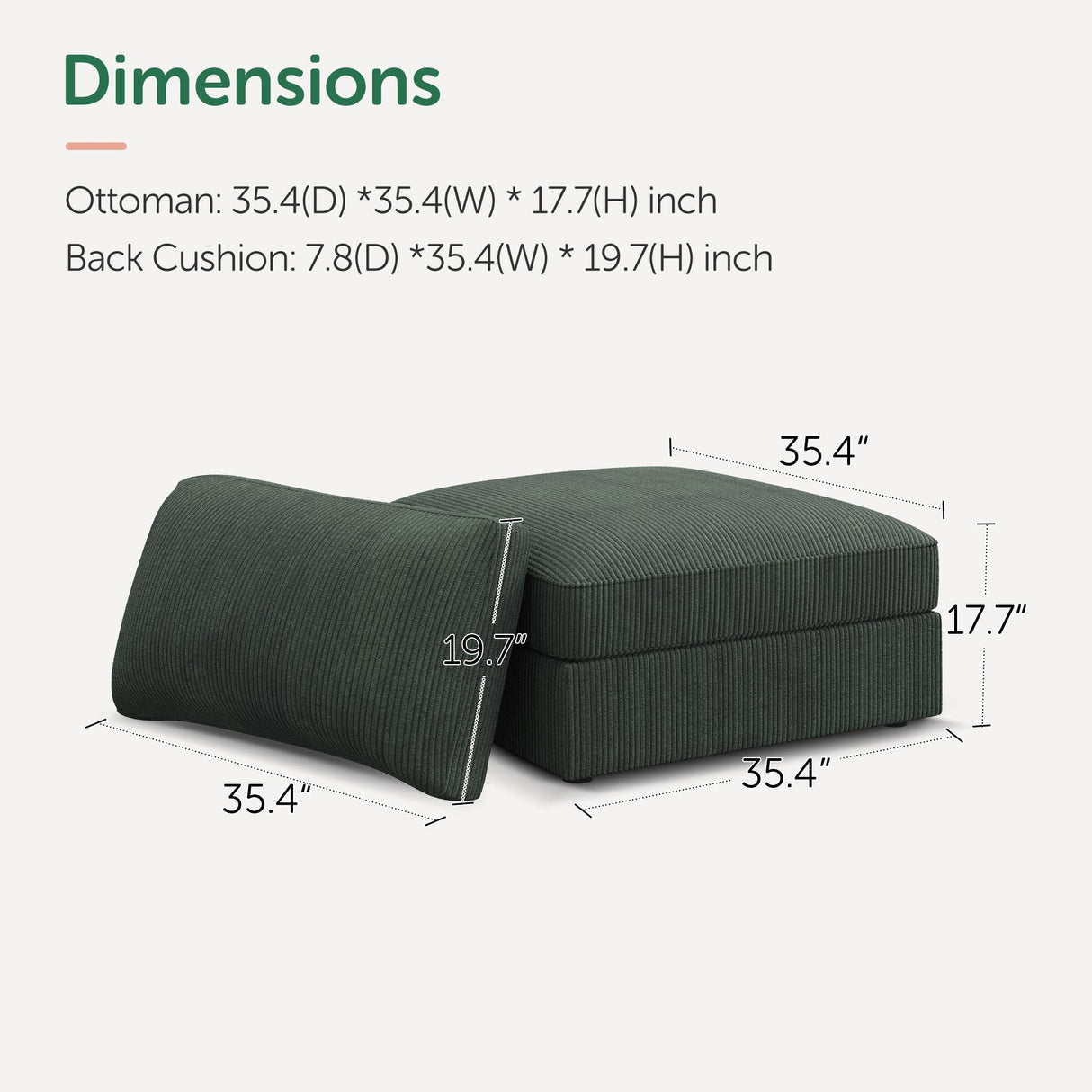 HONBAY Ottoman Module for Corduroy Modular Sectional Sofa with a Back Cushion, Storage Square Ottoman Bench for Living Room, Green HONBAY
