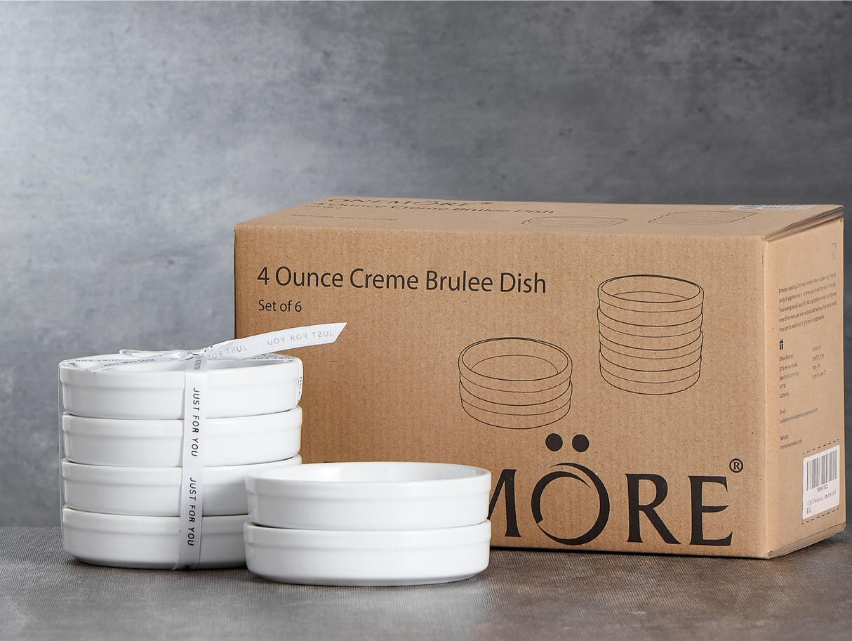 ONEMORE Ramekins 4 oz, Creme Brulee Ramekins Oven Safe Ceramic Shallow Souffle Dishes for Baking Custard, Mini Pies, Puddings and Dipping Sauces 4.5 inch White Mini Round Quiche Pans Set of 6 ONEMORE