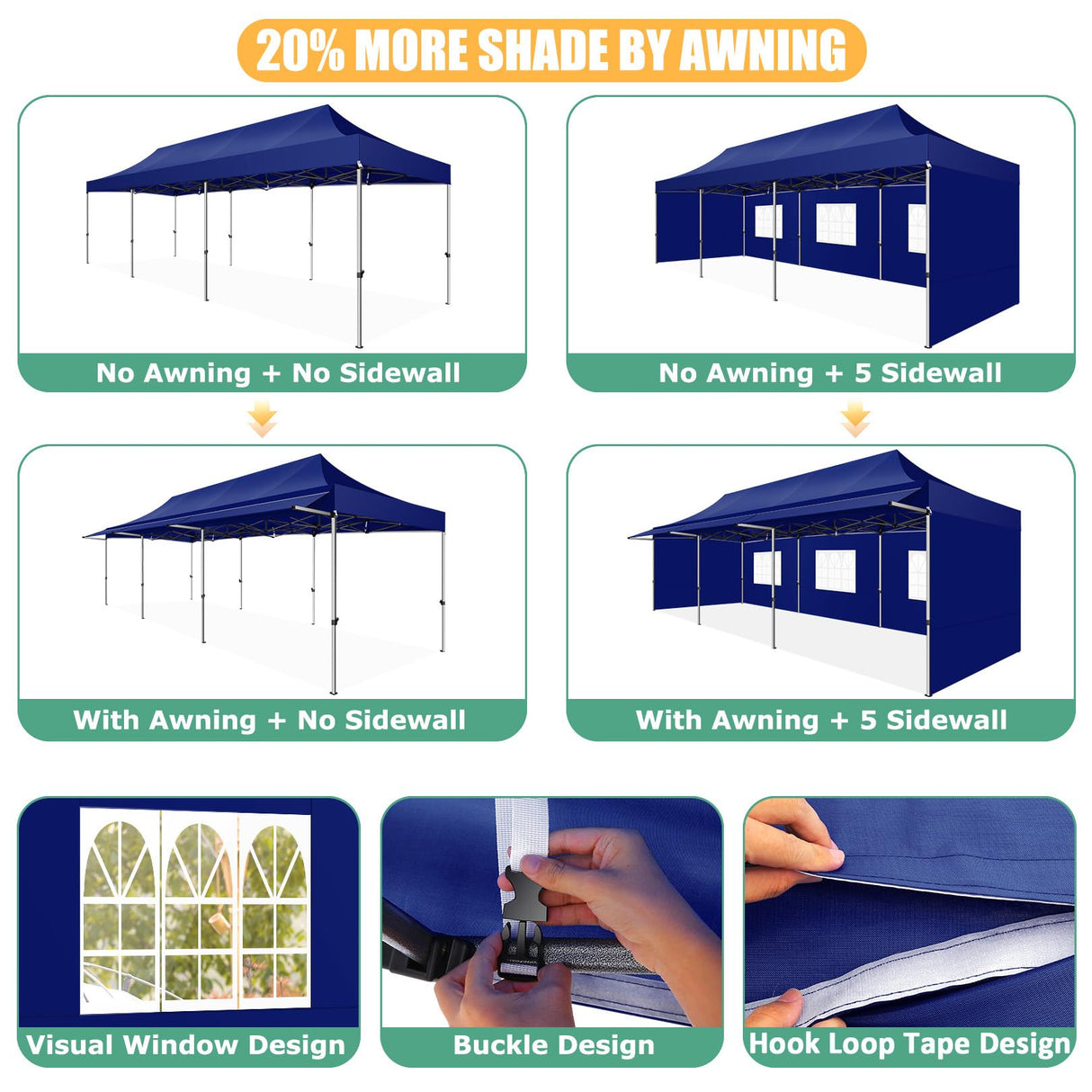 COBIZI 10x30 Pop Up Canopy Tent with Awning,Heavy Duty Canopy UPF 50+ All Season Wind Waterproof Commercial Outdoor Street Vendors Party Tents for Parties Canopy with Roller Bag(10 x 30 ft Dark Blue) COBIZI