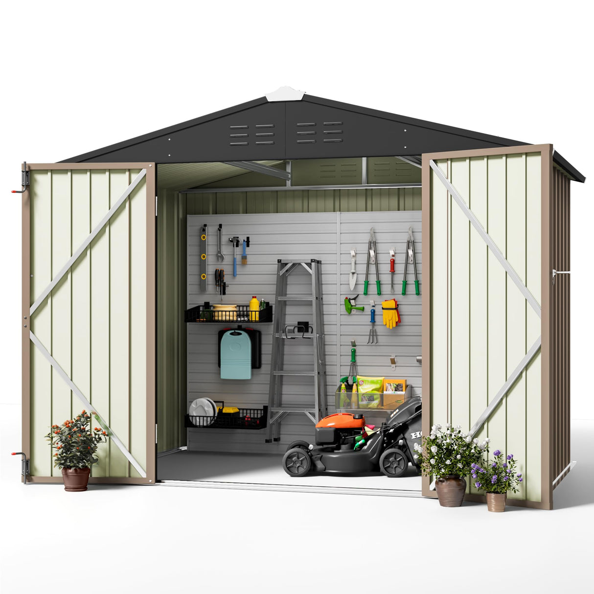 Greesum Outdoor Storage Shed 6 x 8 ft. Utility Tool Shed Metal Storage Garden Shed with Door & Lock for Patio Storage, Brown Greesum