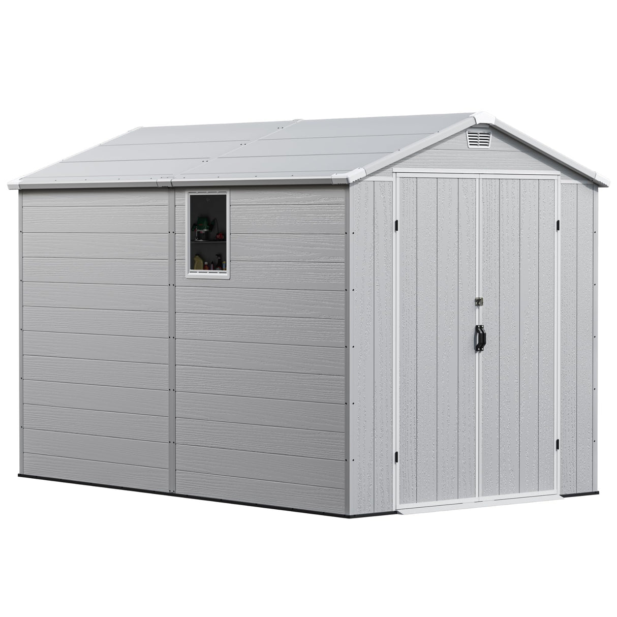 Greesum 6×10FT Plastic Outdoor Storage Shed with Floor, Resin Storaged Sheds with Lockable Double Door, Windows & Vents, All-Weather Tool Sheds for Garden, Backyard, Patio, Light Gray Greesum