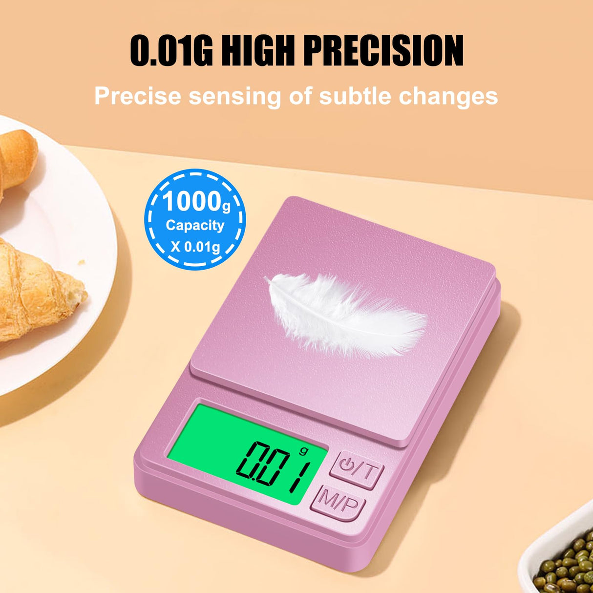 Diyife 1000g Digital Pocket Gram Scale 0.01g Accuracy, Mini Jewelry Scale with Protective Cover, 7 Units, Tare Function, LCD Display, Suit for Jewelry, Powder, Pink Diyife
