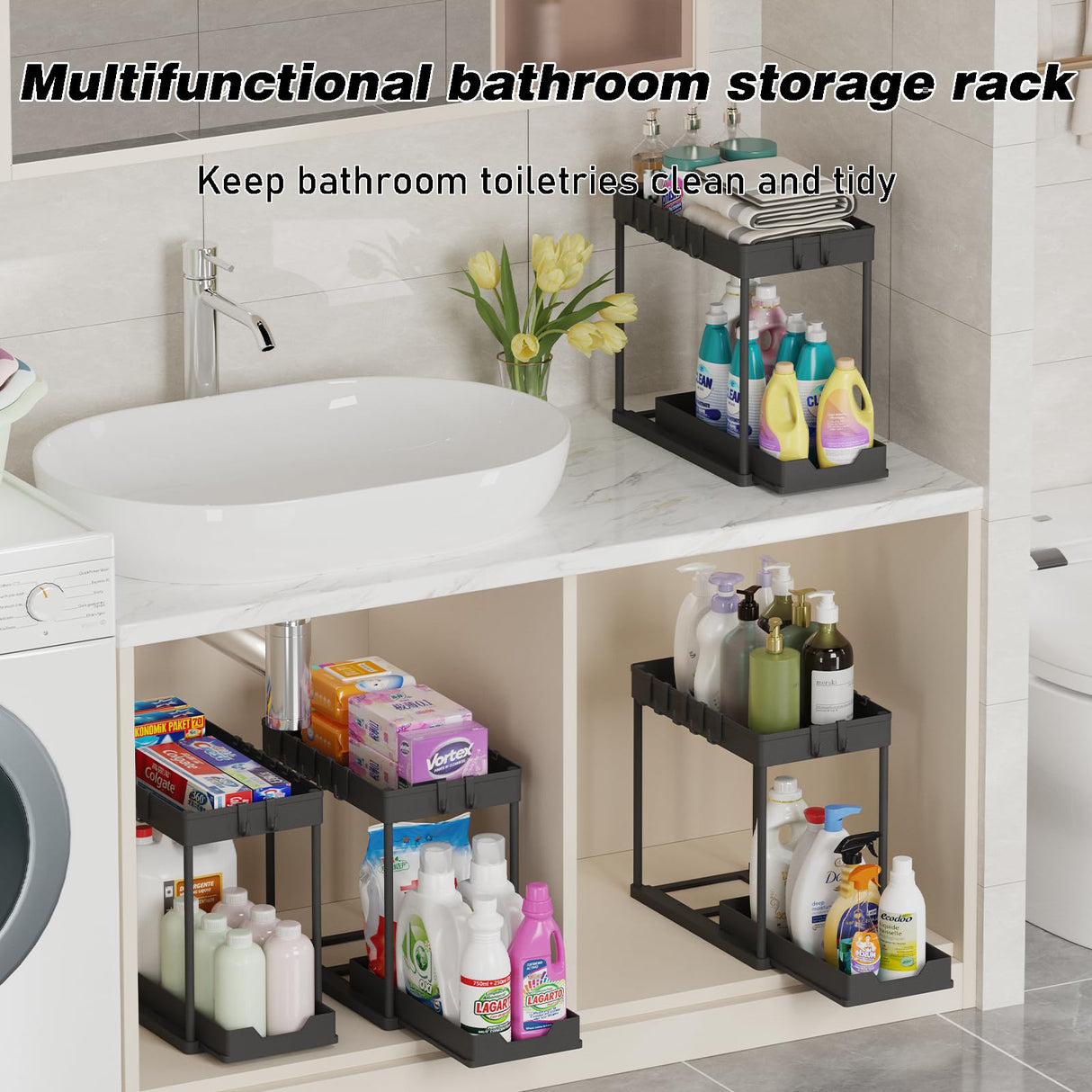 Meltrck Under Sink Organizer 2 Pack,Bathroom Under Cabinet Storage with Pull Out Sliding Drawers for Kitchen Organization,12.8 Inch,Black Meltrck