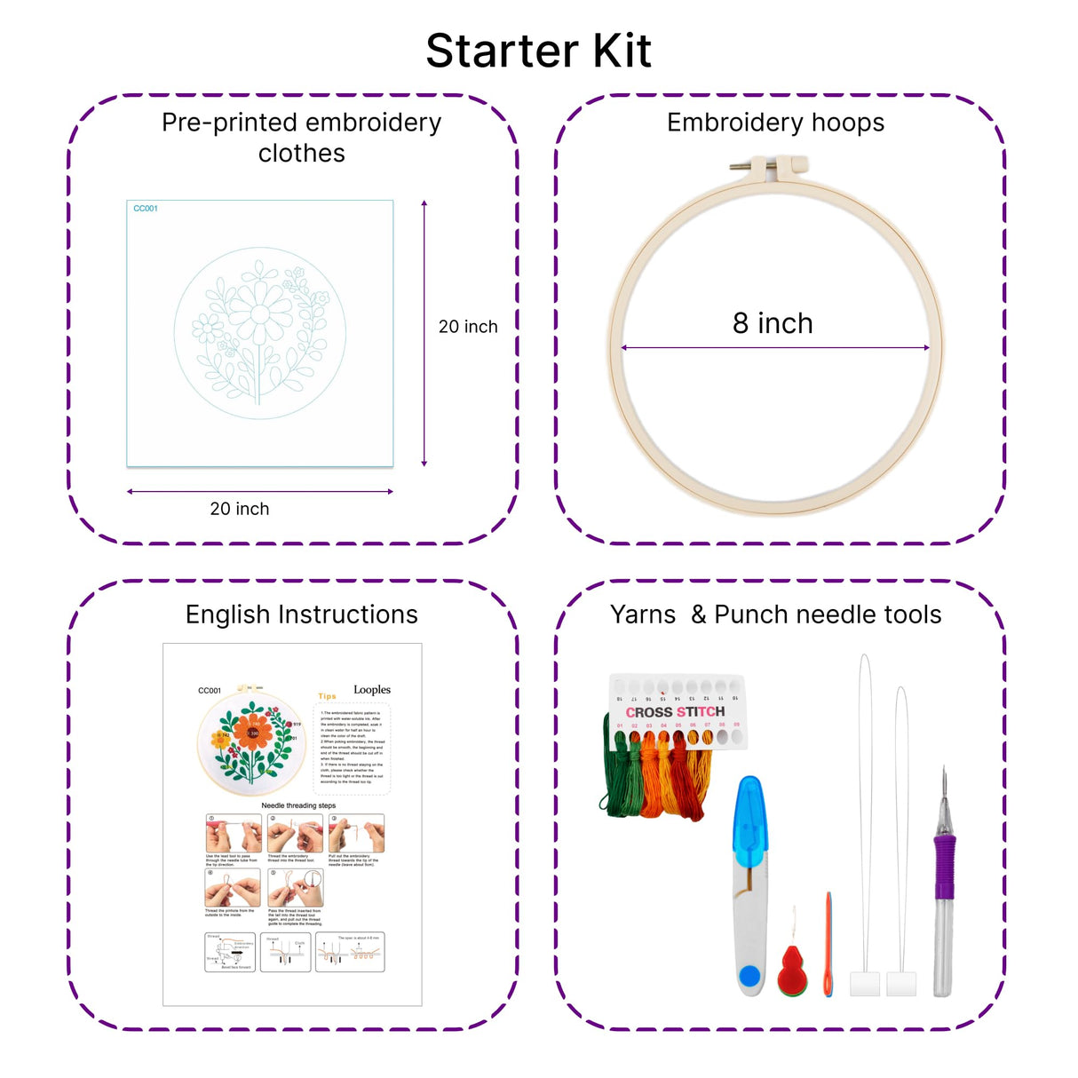 Punch Needle Embroidery Kit for Beginners – Complete Set with Patterned Fabric, Hoops, Yarns & Tools – DIY Rug-Punch Craft Kit for Adults & Kids (1 Style) Looples
