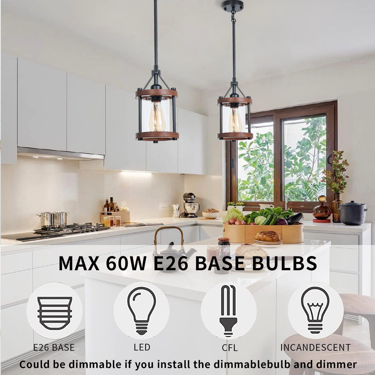 Ejerlya Farmhouse Pendant Light, Rustic Walnut Wood Metal Cage Hanging Light Fixtures with Glass, Adjustable for Flat and Slop Ceiling, Pendant Lighting for Kitchen Island Foyer Hallway,2-Pack Ejerlya