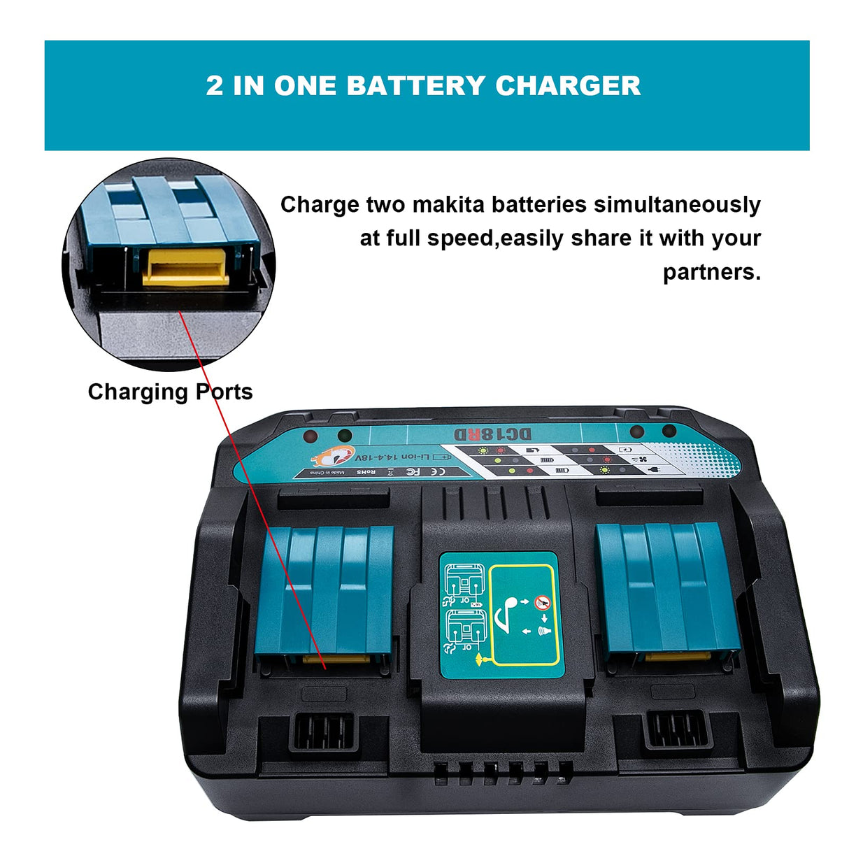 18V DC18RD Dual Ports Battery Charger for Makita 14.4V-18V LXT Lithium-Ion Battery BL1415 BL1430 BL1830 BL1840 BL1850 BL1850B BL1860B BL1860 BL1815, Hiesuan Replace DC18RC DC18SF DC18RT Hiesuan