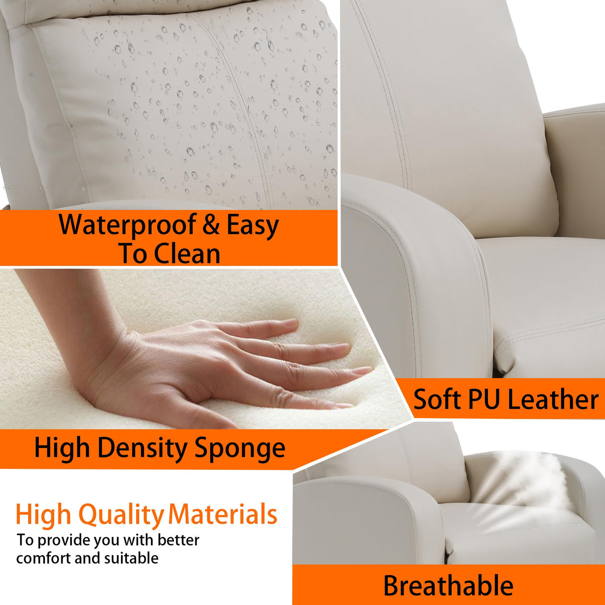 MKDLUFEI Adult Recliner Chair PU Leather Massage Recliner Sofa with Lumbar Support, Push Back, Armrests, Footrest, Adjustable Home Theater Seating for Living Room Home Theater (Black) (Beige) MKDLUFEI