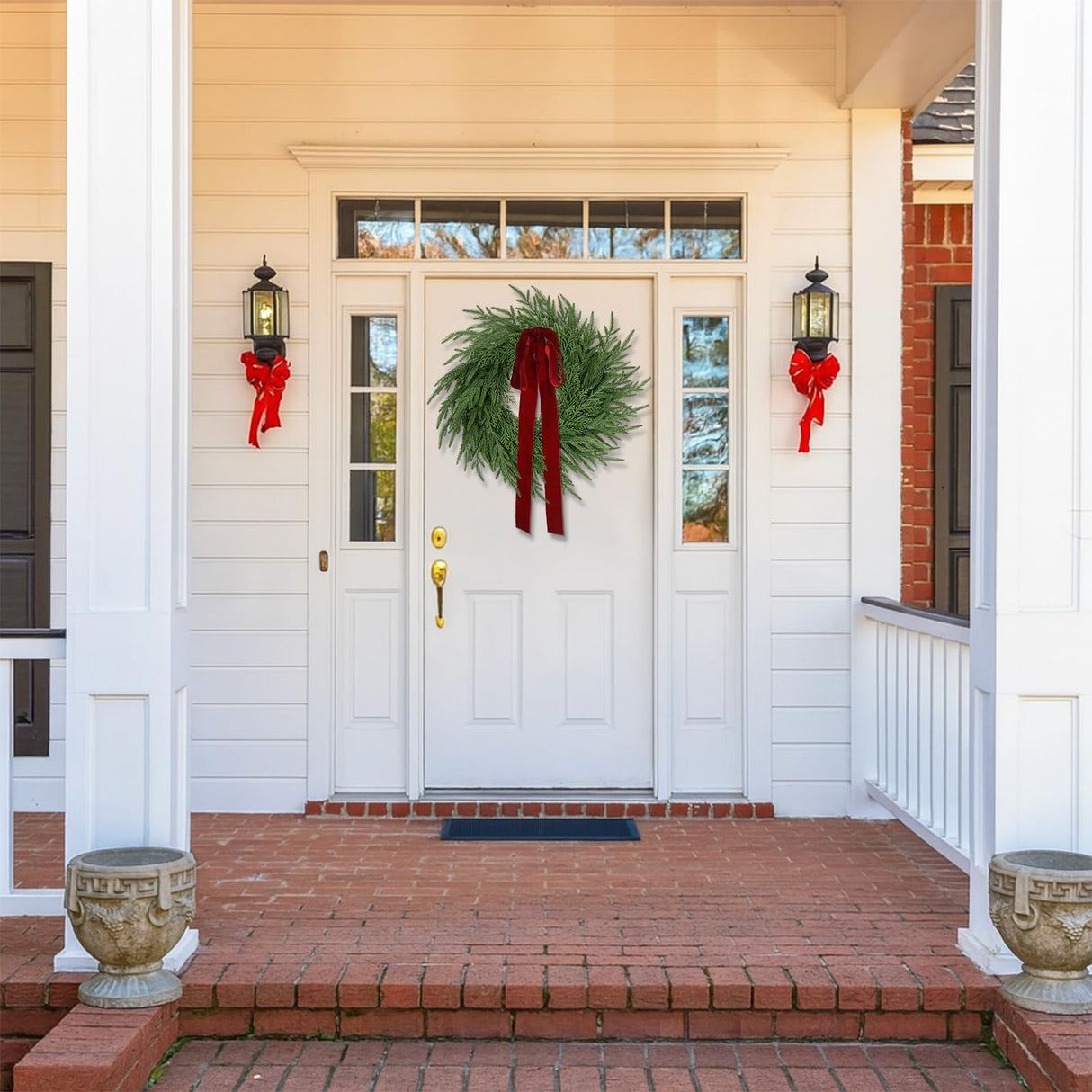 ENVEN Artificial Norfolk Pine & Cedar Christmas Wreath with Velvet Bow – Real Touch Faux Greenery Holiday Front Door Decoration for Indoor Outdoor Use ENVEN