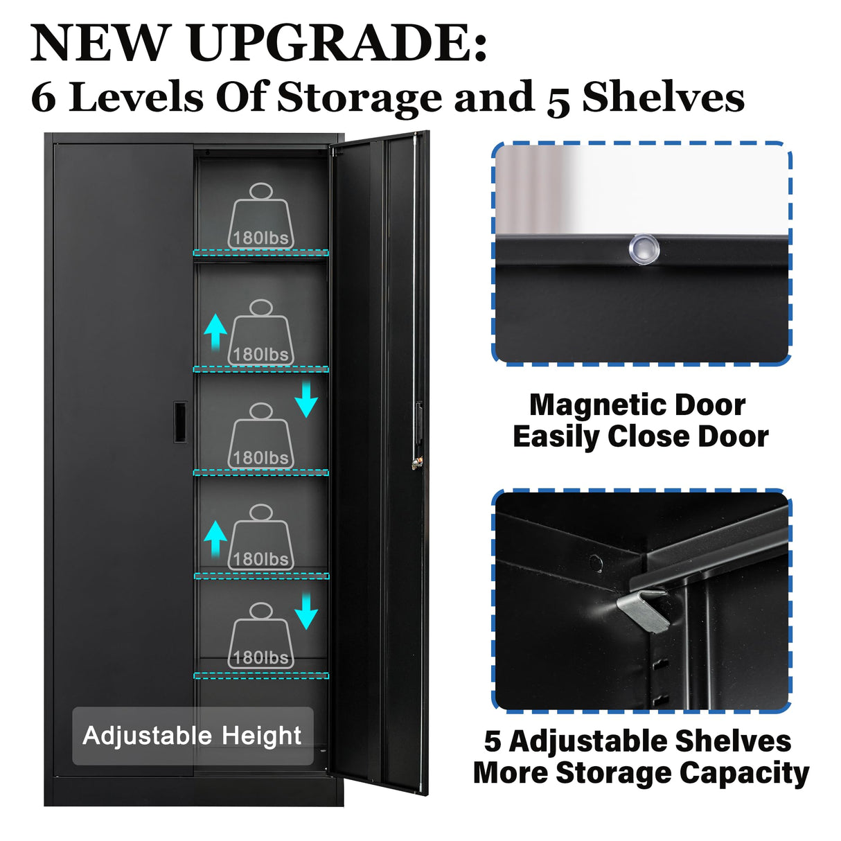 Metal Garage Storage Cabinets,71” Tall Metal File Cabinet with 5 Adjustable Shelves, Lockable Storage Cabinets for Office, Home, Garage, Warehouse 71" H x 31.5" W x 15.8" D (Black) TaskStorz