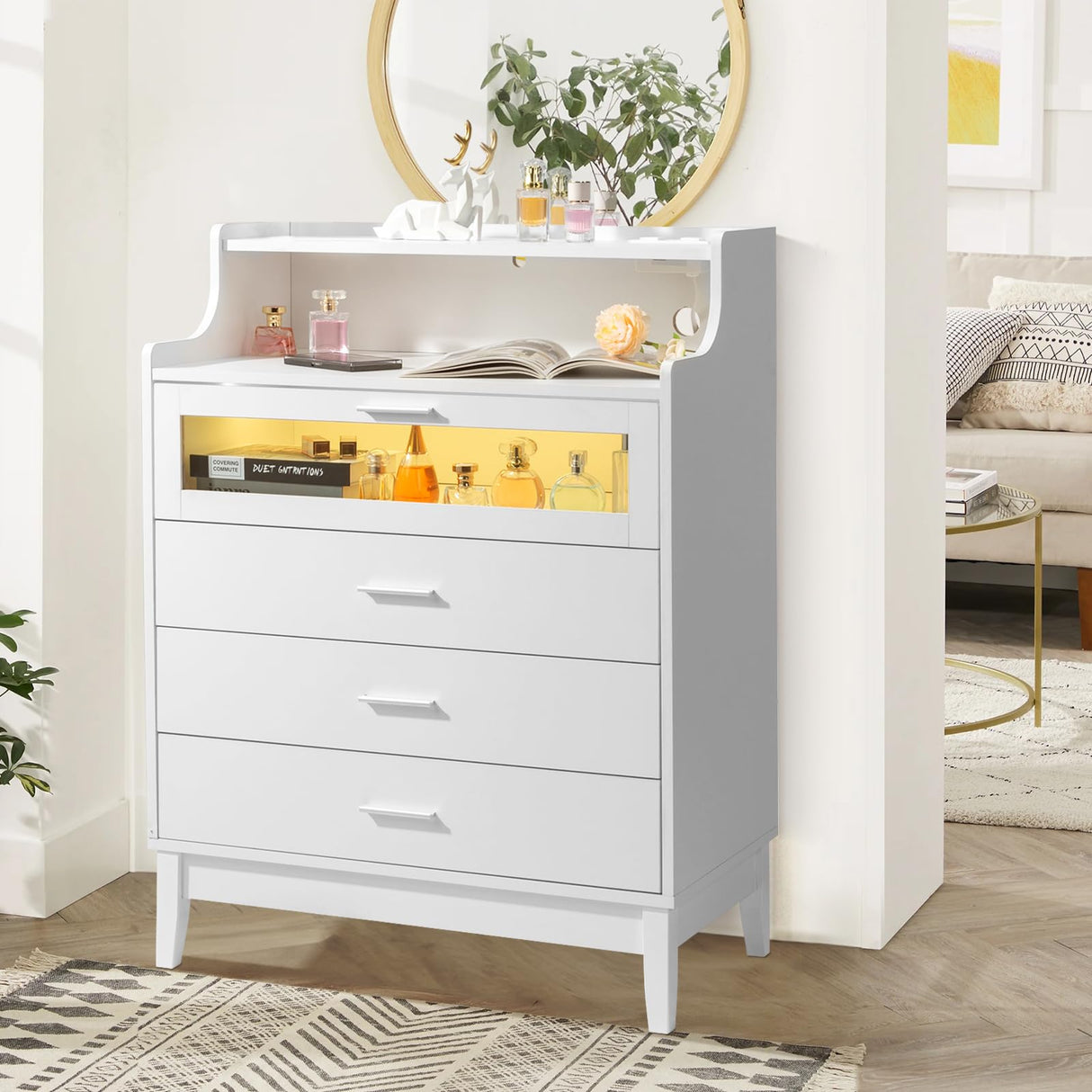 Karl home White Dresser for Bedroom, 4 Drawer Dresser with LED and Charging Station, Wooden Chest of Drawers with Shelf and Glass Drawer, Modern Bedroom Furniture, Living Room, Hallway Karl home