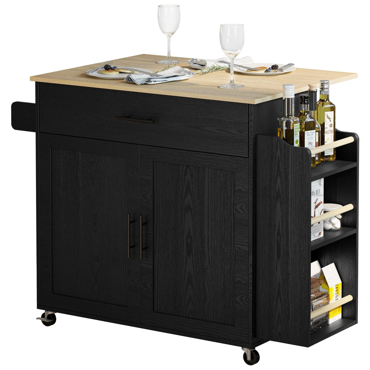 Rolling Kitchen Island with Drop Leaf, Storage Cabinet, and Charging Station - Black by IRONCK IRONCK