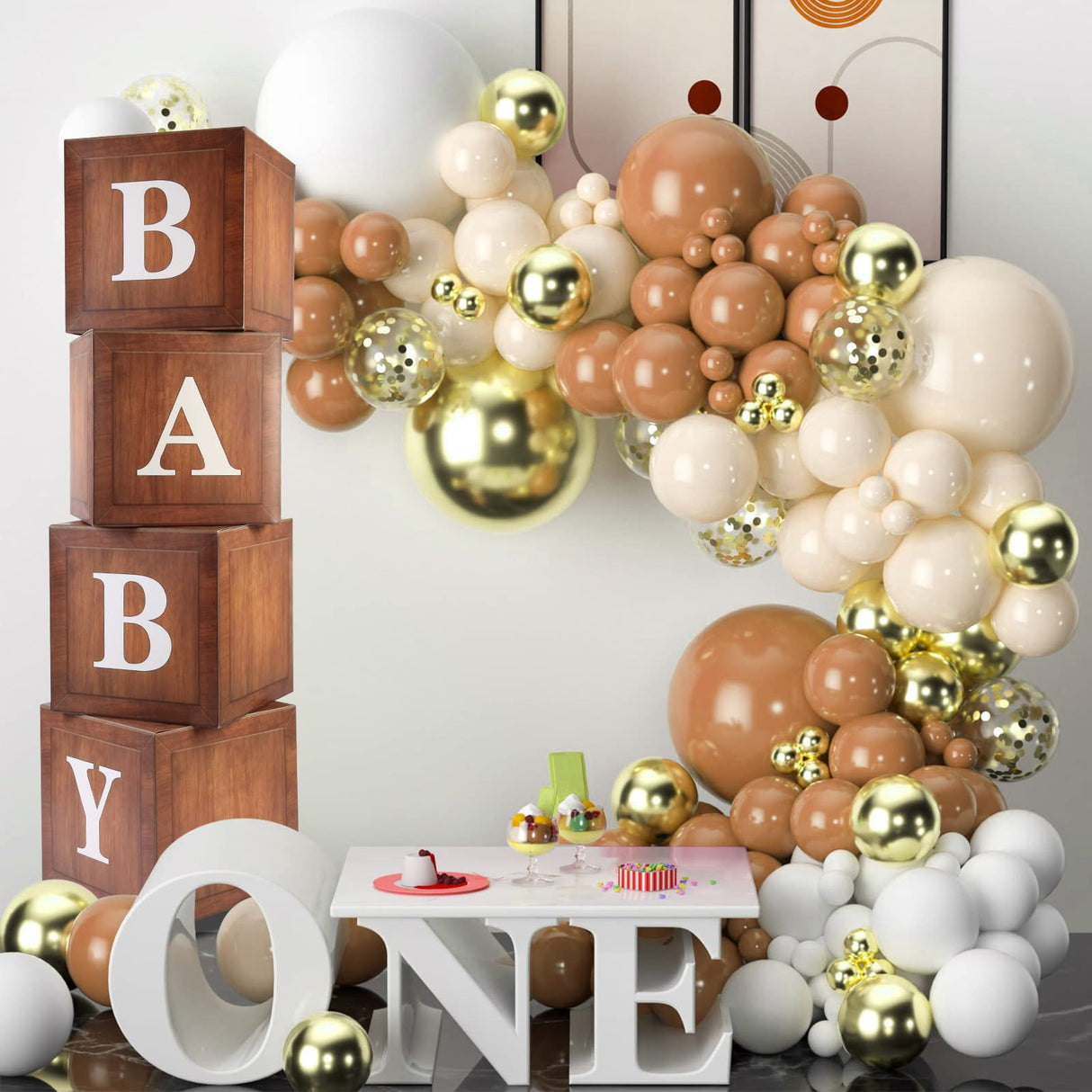 Wood Baby Shower Boxes Party Decorations - 4 Wood Grain Brown Blocks with Printed BABY Letters, Gender Reveal Backdrop,Teddy Bear Baby Shower Supplies, First Birthday Centerpiece Decor WLMALL