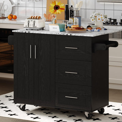 4 EVER WINNER Rolling Kitchen Island with Towel Rack & Spice Rack, Kitchen Island with Drop Leaf, Marble Tabletop Islands Table for Kitchen, Black