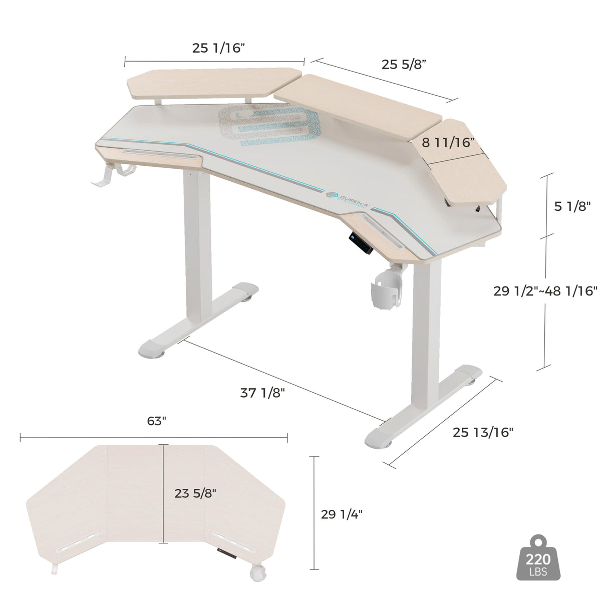 EUREKA ERGONOMIC Standing Desk,63" Electric Adjustable Height Computer Desk,Wing Shaped Music Studio Desk, LED Monitor Stands, Dual Motor&Slot, Maple EUREKA ERGONOMIC