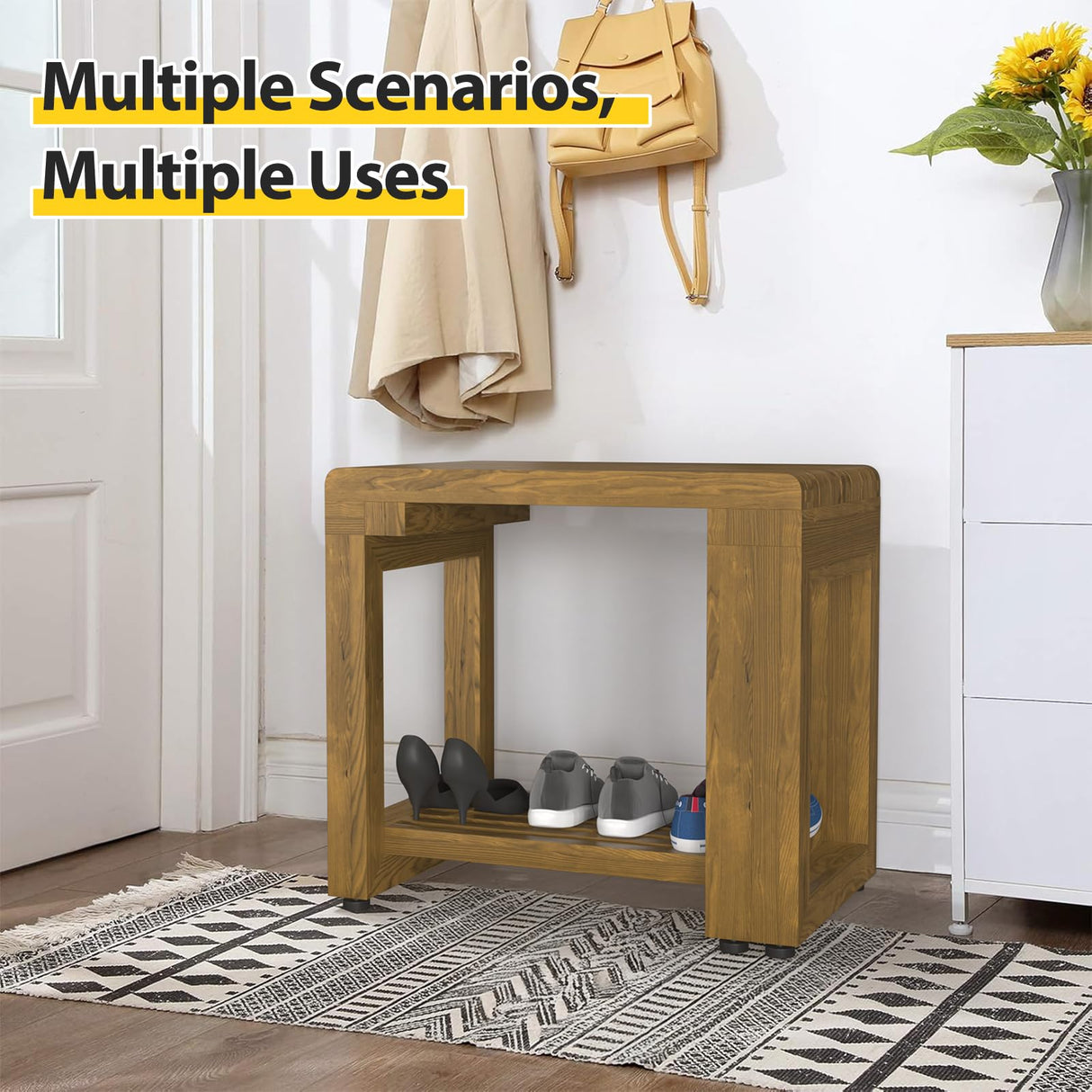 Update Adjustable Wooden Shower Benches for Inside Shower, 26.4'' Wood Shower Bench Waterproof, 440lbs Bathroom Bench with Storage, Sauna Bench for Bathroom, Shower Chairs for Seniors Adults Elderly WXCOPON