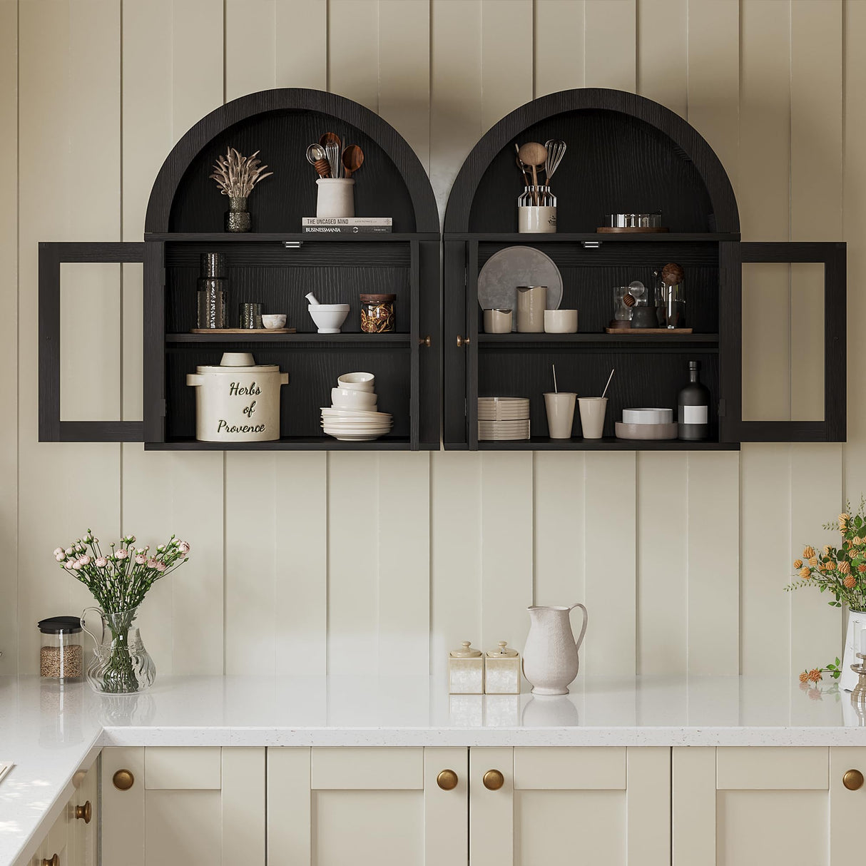 ChooChoo Modern Arched Wall Cabinet Bathroom Medicine Cabinet with Adjustable Shelf, Wall Mounted Cupboard Storage Organizer for Laundry Room, Dining Room, Living Room, Kitchen (Black) ChooChoo