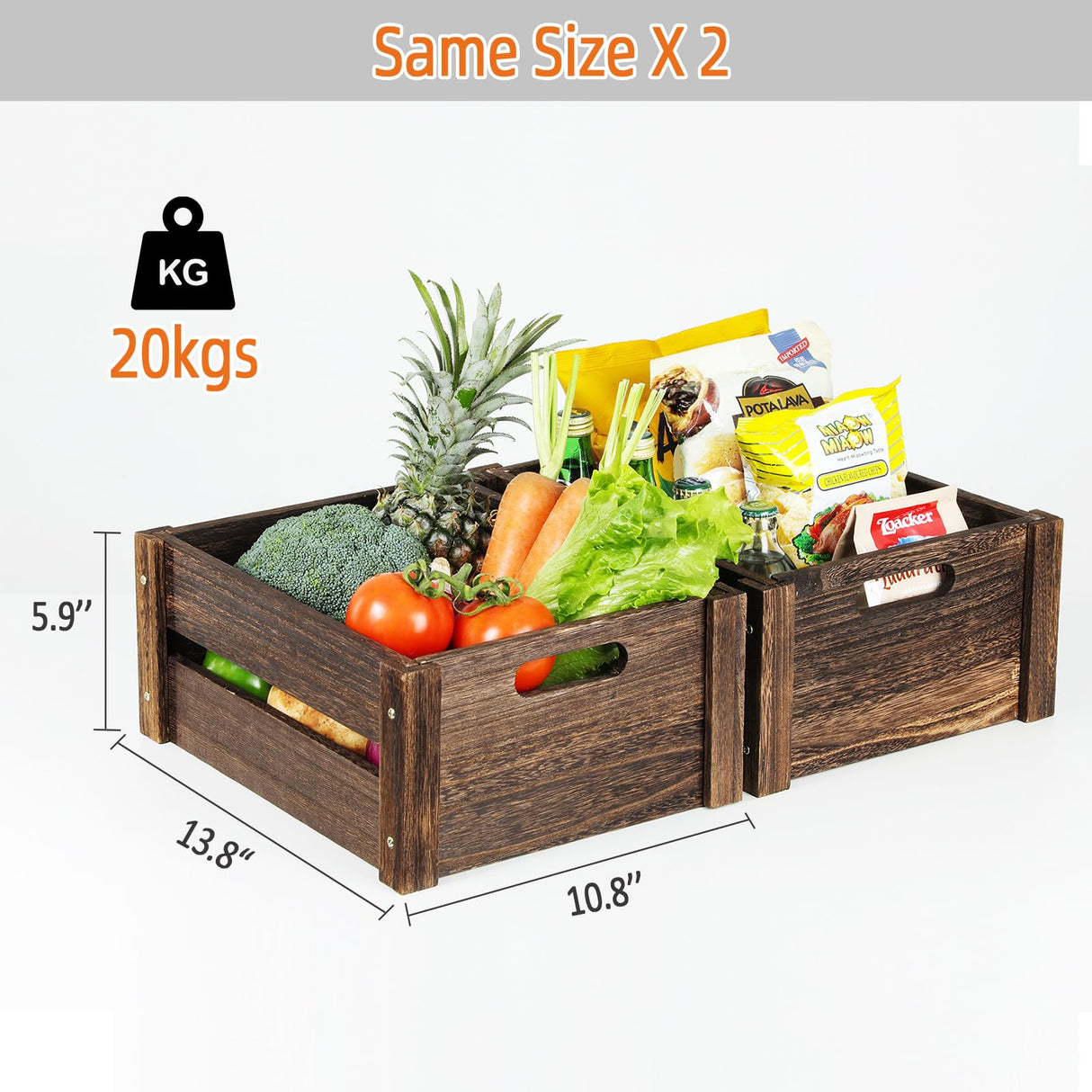 ROSOS Wooden Crates, Farmhouse Wooden Crates for Storage with Handles, Solid Wood Crates for Display, Durable Wooden Crate Box, Handmade Large Wooden Crate, Wooden Boxes for Decor, 2 Pack, Brown ROSOS