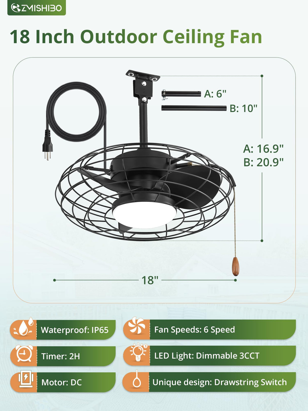 ZMISHIBO Outdoor Ceiling Fans with Light for Patios,Waterproof Gazebo Fan with Remote Control Smart App,3CCT Dimmable,Plug in Caged Ceiling Fan with Pull Chain for Porch Pergola,Black ZMISHIBO